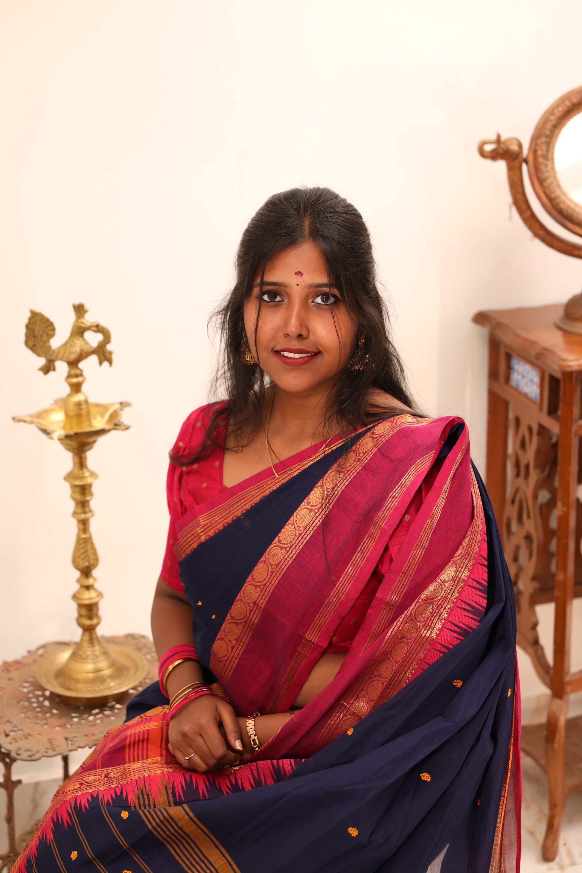 Blue Chettinad Cotton Saree with Pink Border - #NS023