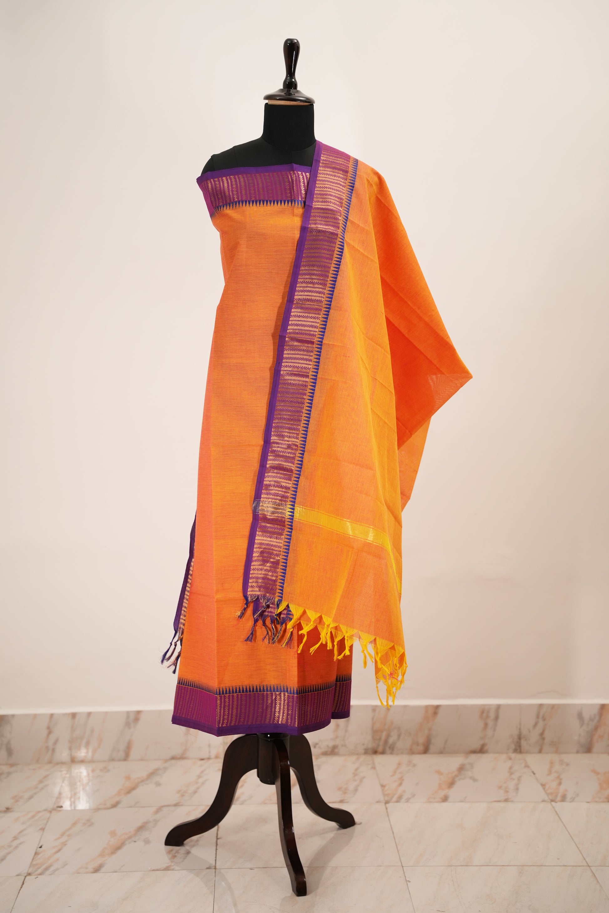 Orange with Purple Border Chettinad Cotton Unstitched Salwar Suit - #NC149