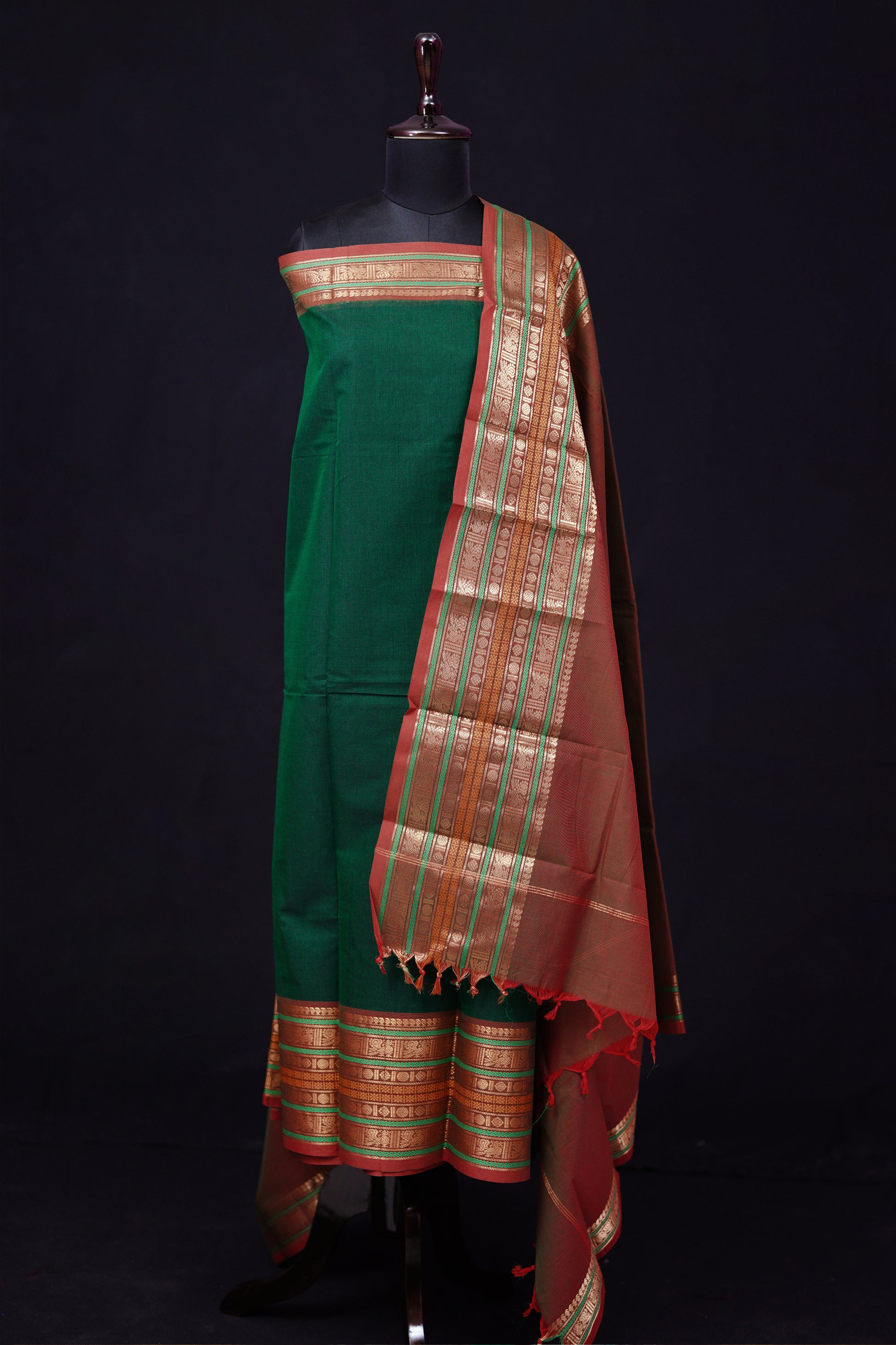 Green and Brown - Chettinad Cotton Unstitched Salwar Suit - #NC026