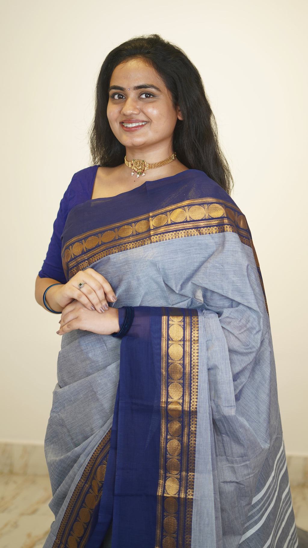 Ash Grey with Blue Border Chettinad Cotton Saree-#NS035