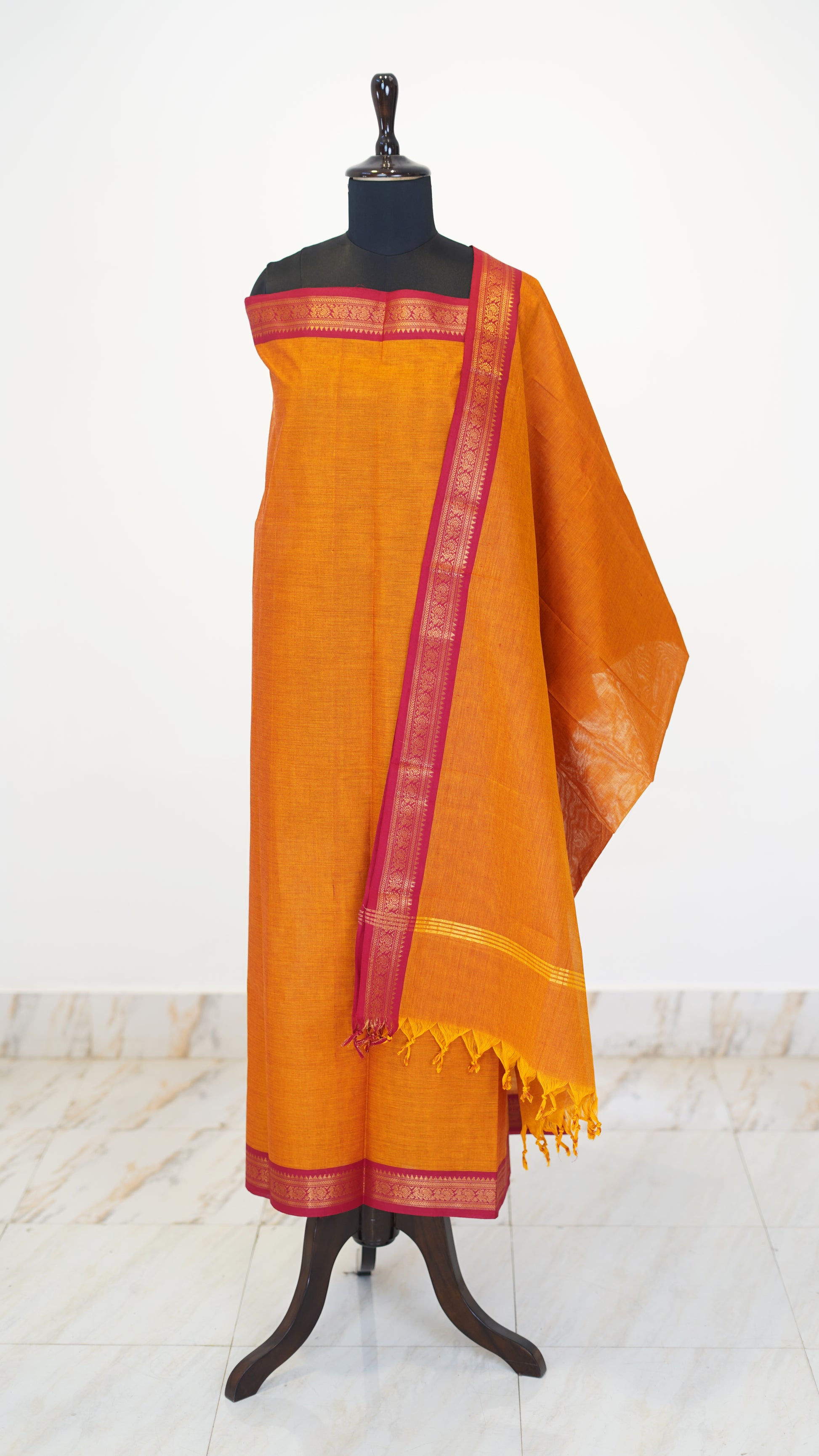 Orange with Red Border Chettinad Cotton Unstitched Salwar Suit - #NC111