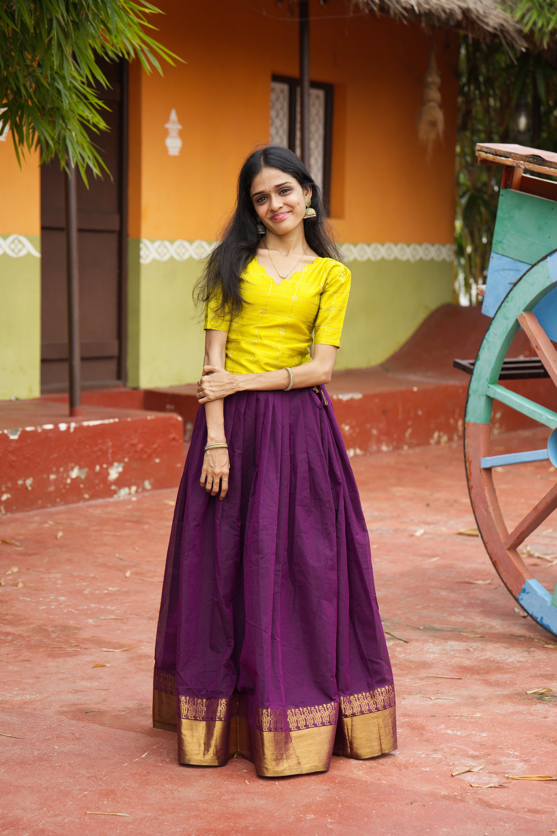 Yellow & Plum - Chettinad Cotton Top & Skirt Set - #NT002