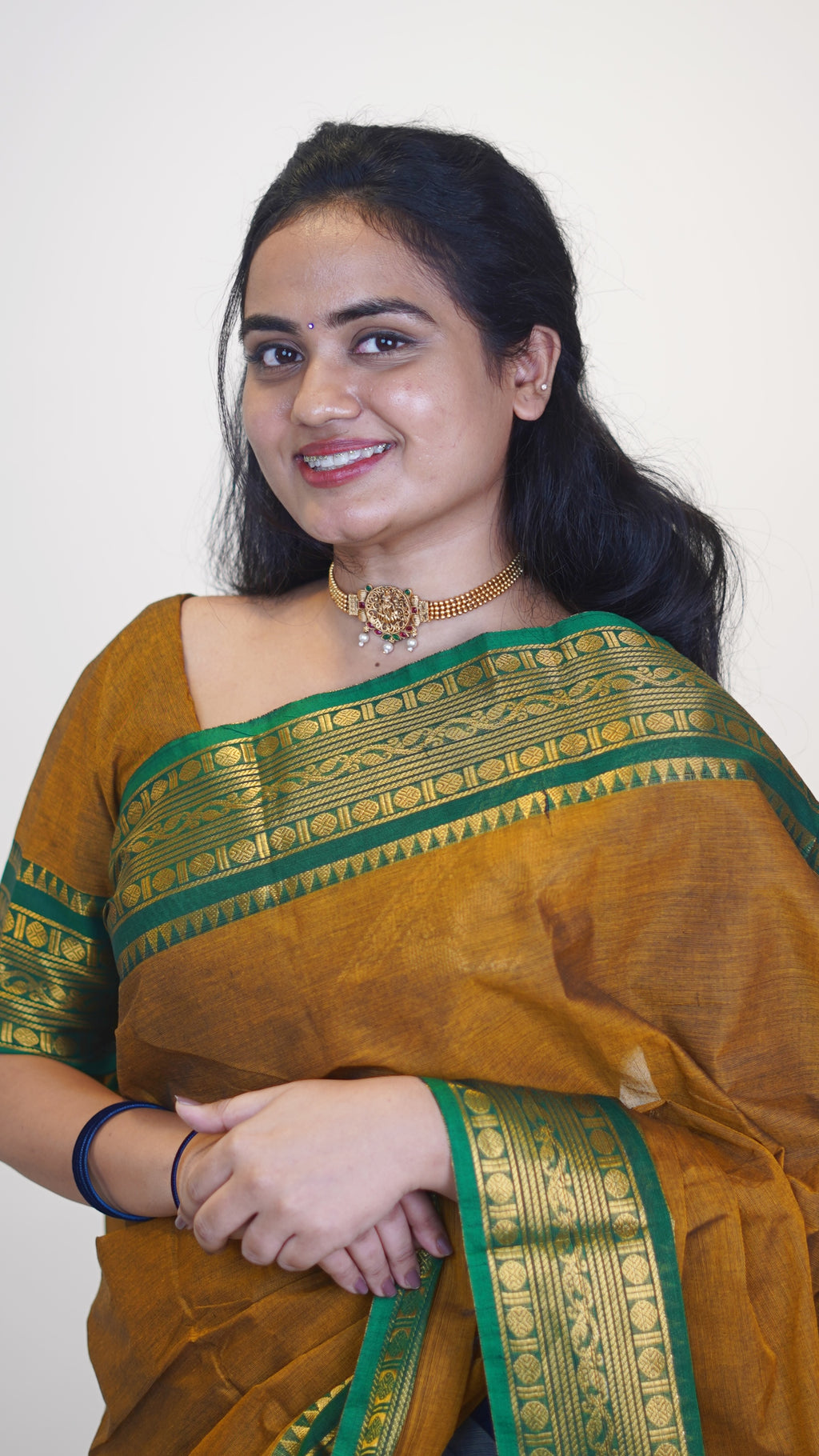 Mustard with Green Border Chettinad Cotton Saree-#NS039