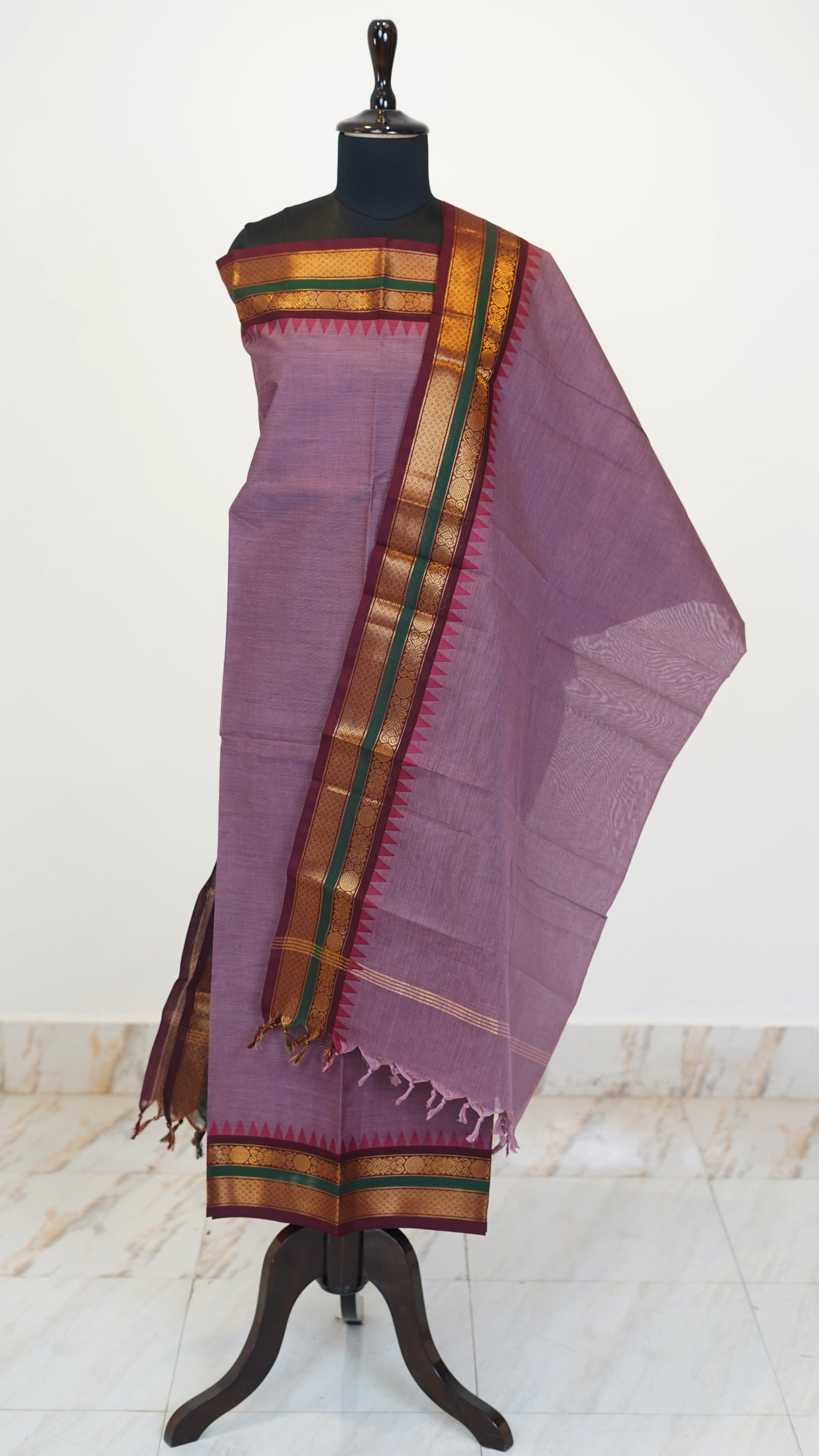 Onion Pink with Multi color Border Chettinad Cotton Unstitched Salwar Suit - #NC122