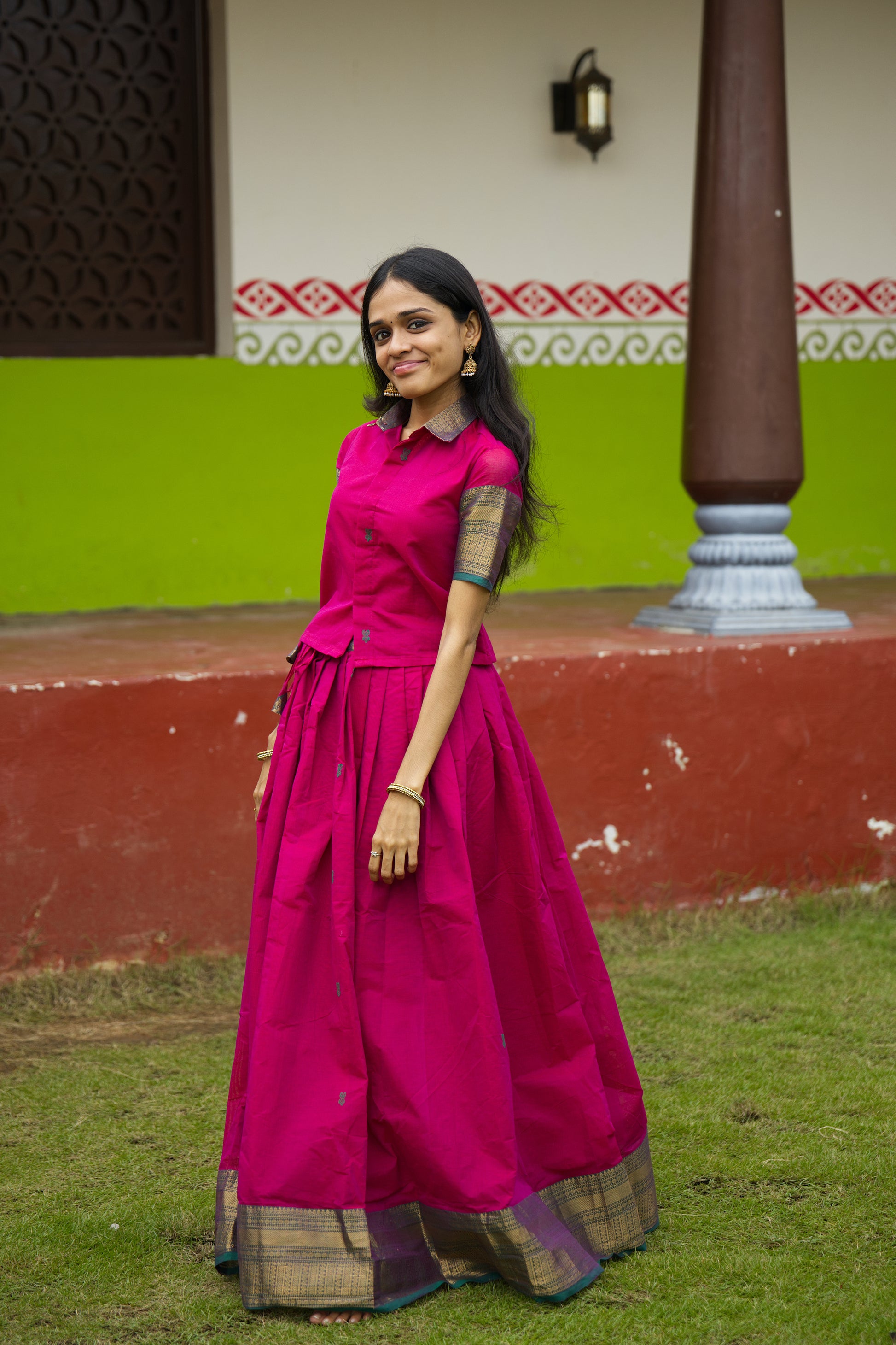 Pink Chettinad Cotton Top & Skirt Set - #NT001