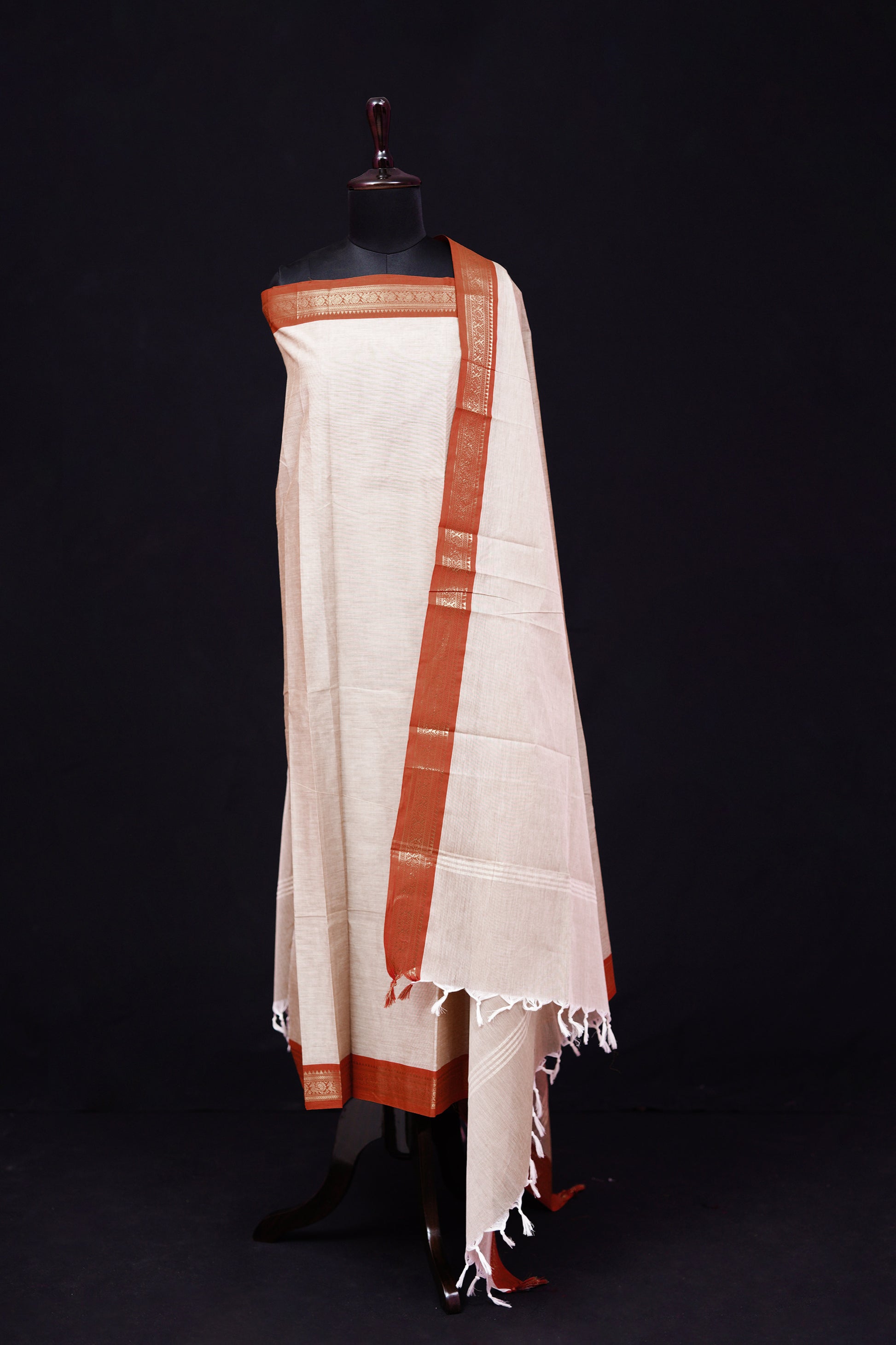 Off white and Orange - Chettinad Cotton Unstitched Salwar Suit - #NC028