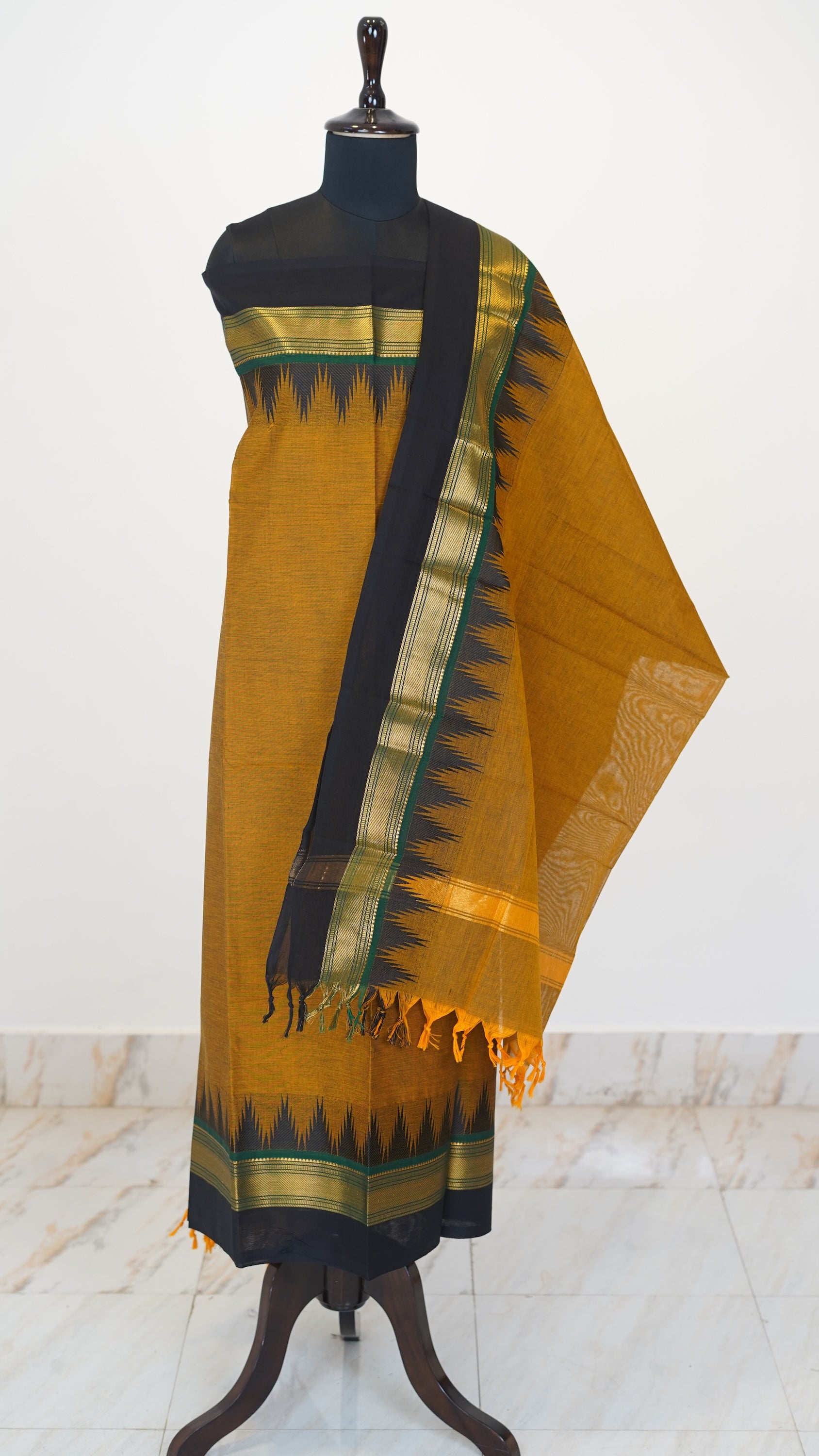 Mustard with Multi color Border Chettinad Cotton Unstitched Salwar Suit - #NC118