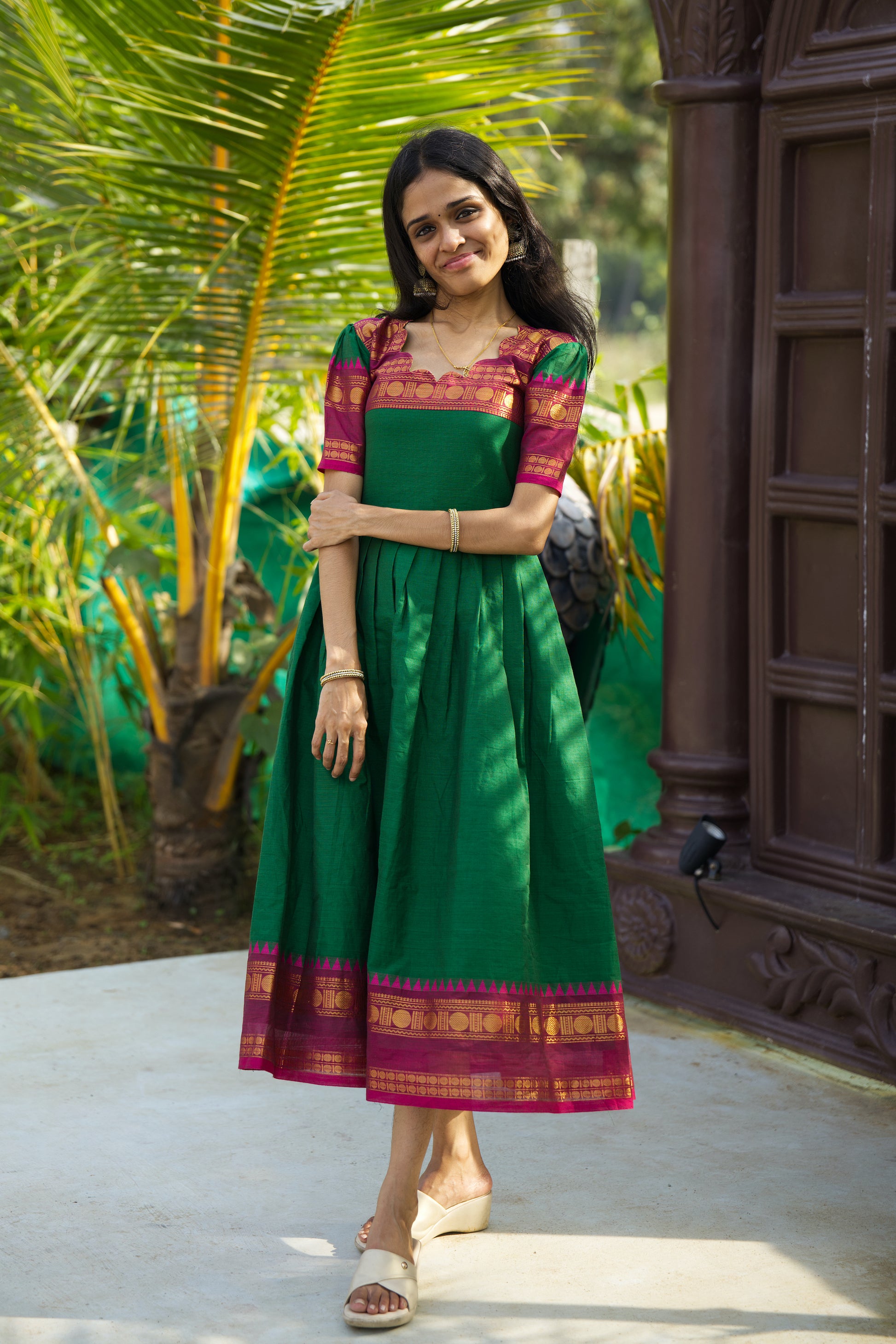 Bottle Green Chettinad Cotton Dresses - #ND001