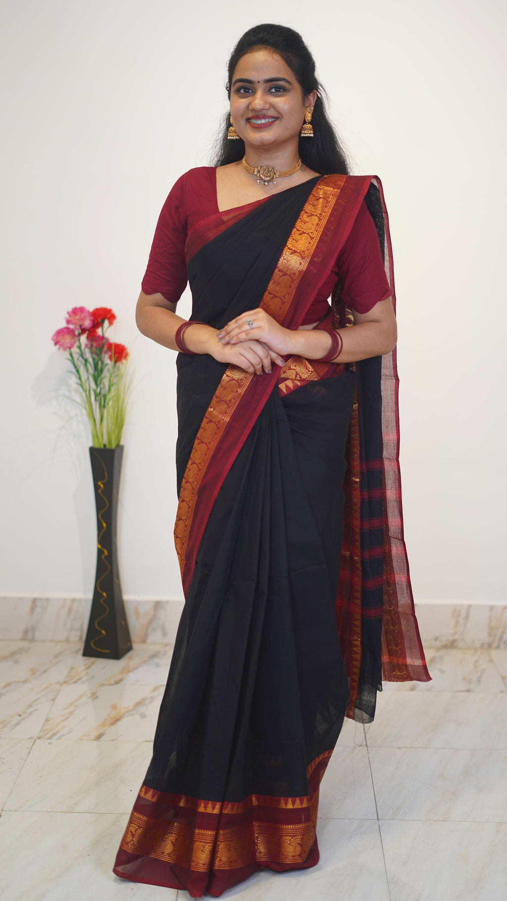Black with Red Border Chettinad Cotton Saree-#NS030