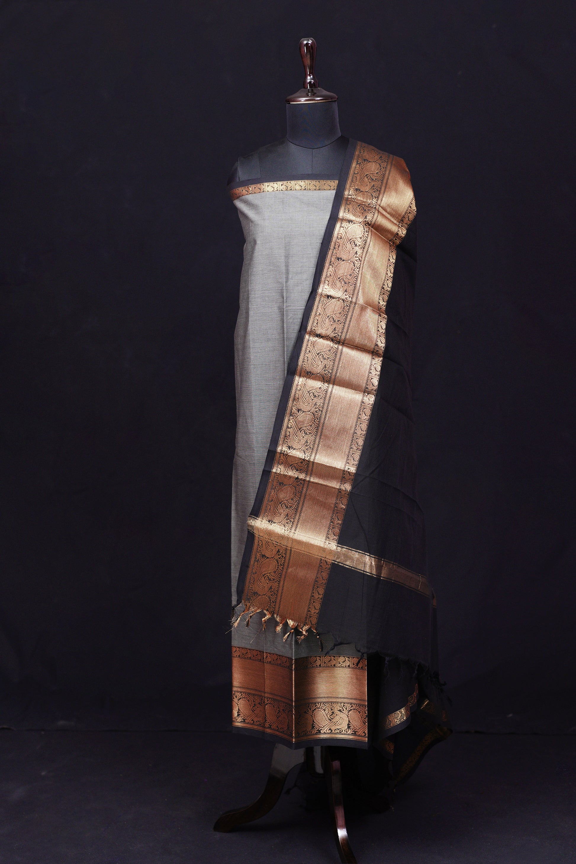 Gray and Black - Chettinad Cotton Unstitched Salwar Suit - #NC030