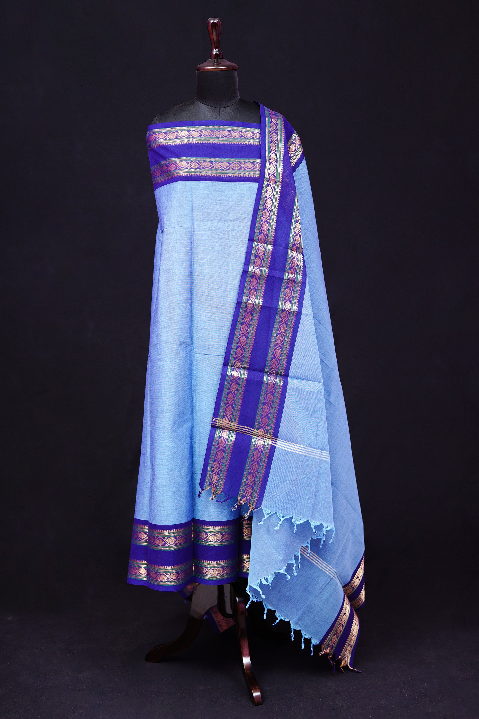 Blue - Chettinad Cotton Unstitched Salwar Suit - #NC027