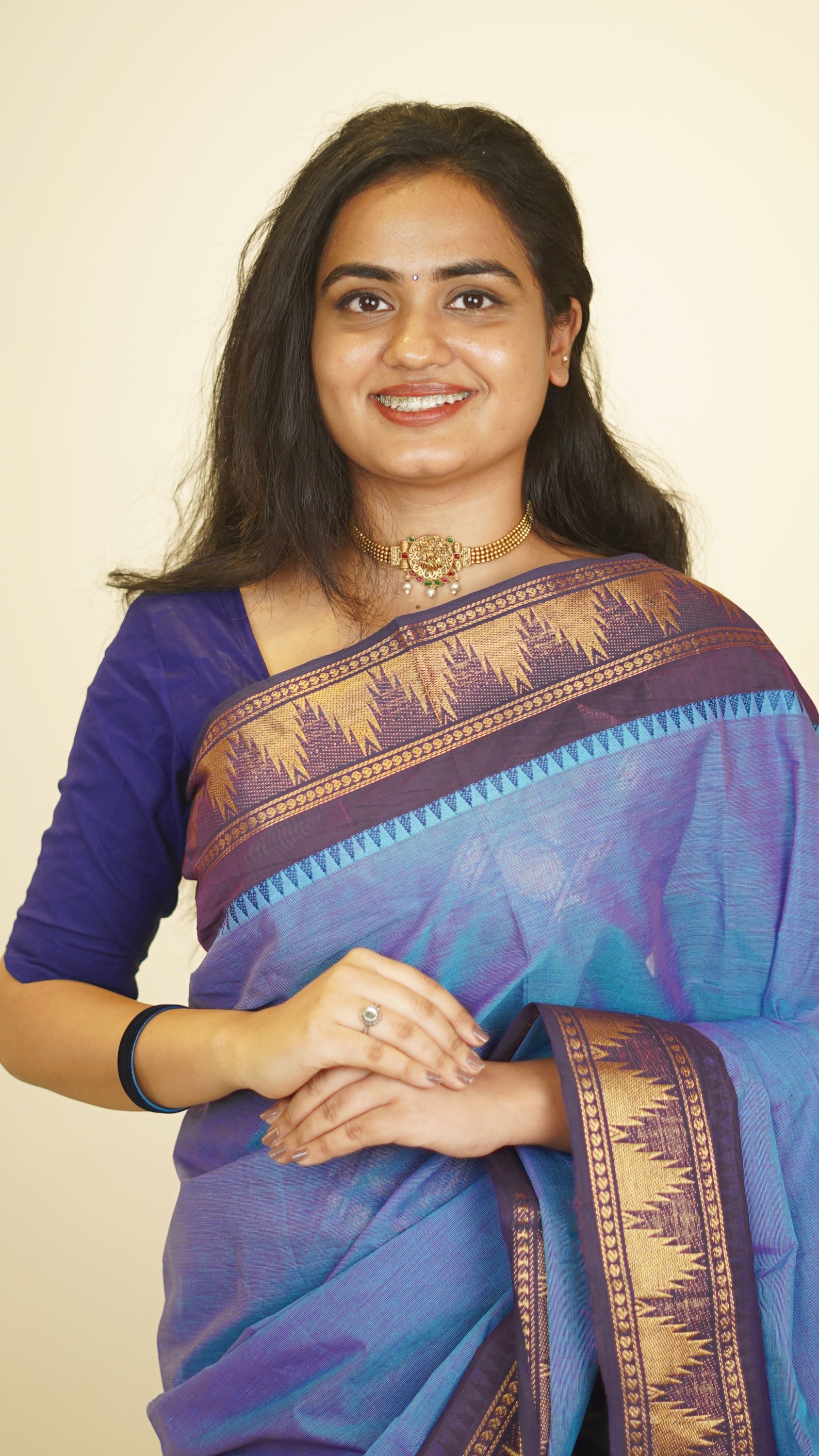 Peacock Blue with Dark Brown Border Chettinad Cotton Saree-#NS036