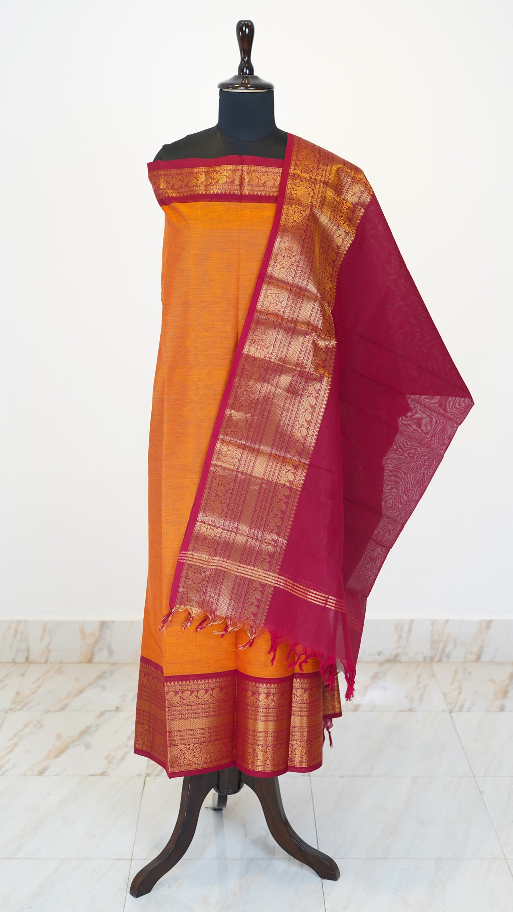 Mango with Red Border Chettinad Cotton Unstitched Salwar Suit - #NC113