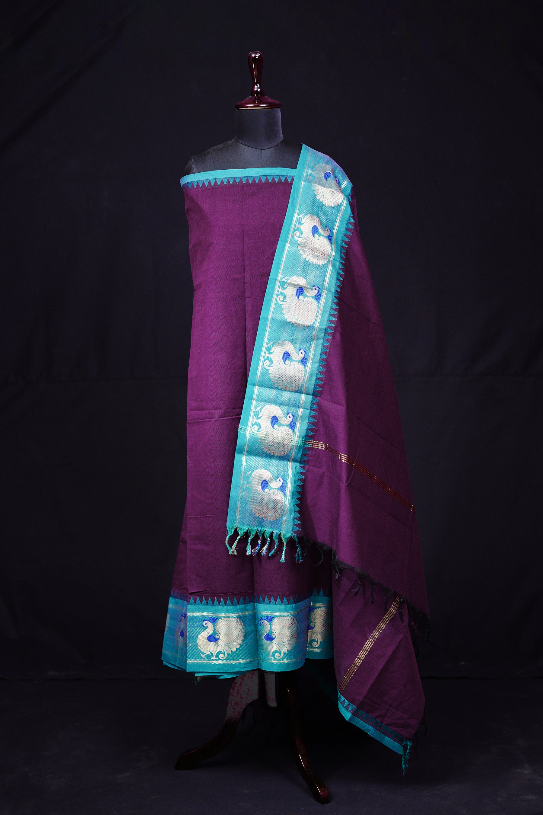 Purple and Blue - Chettinad Cotton Unstitched Salwar Suit - #NC013