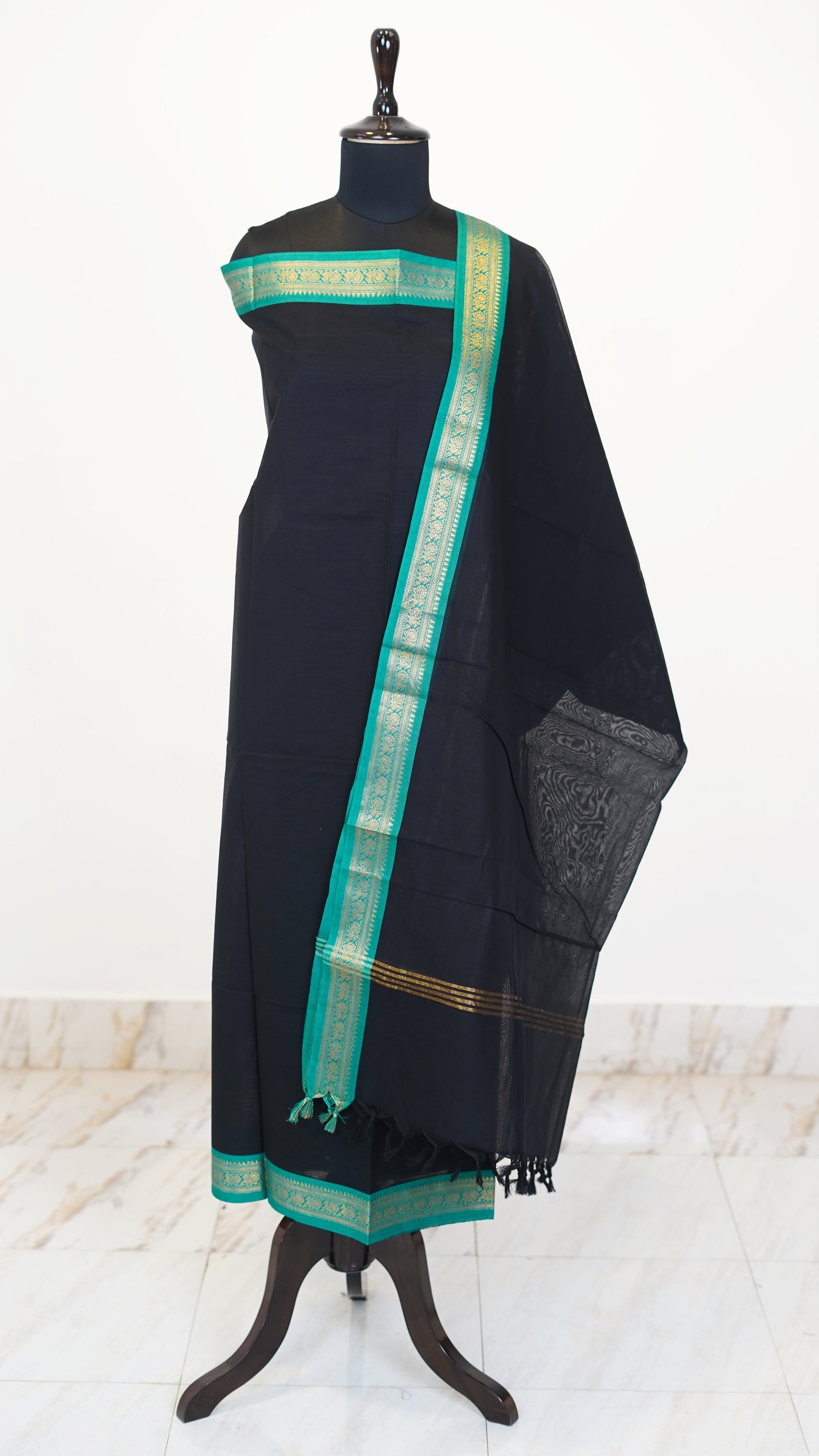 Black with Teal Green Border Chettinad Cotton Unstitched Salwar Suit - #NC117