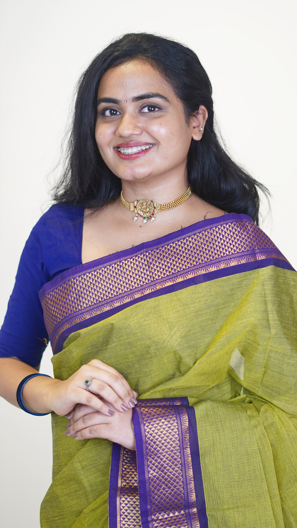 Green with Purple Border Chettinad Cotton Saree-#NS037