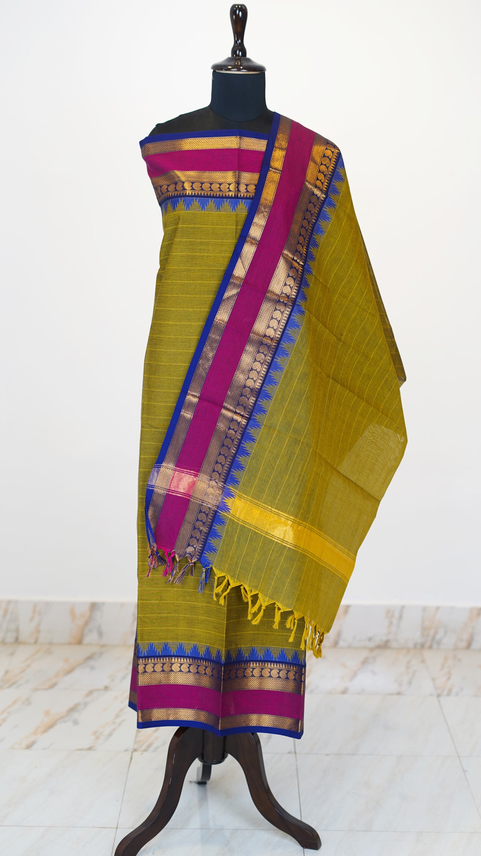 Olive Green with Multi Color Border Chettinad Cotton Unstitched Salwar Suit - #NC112