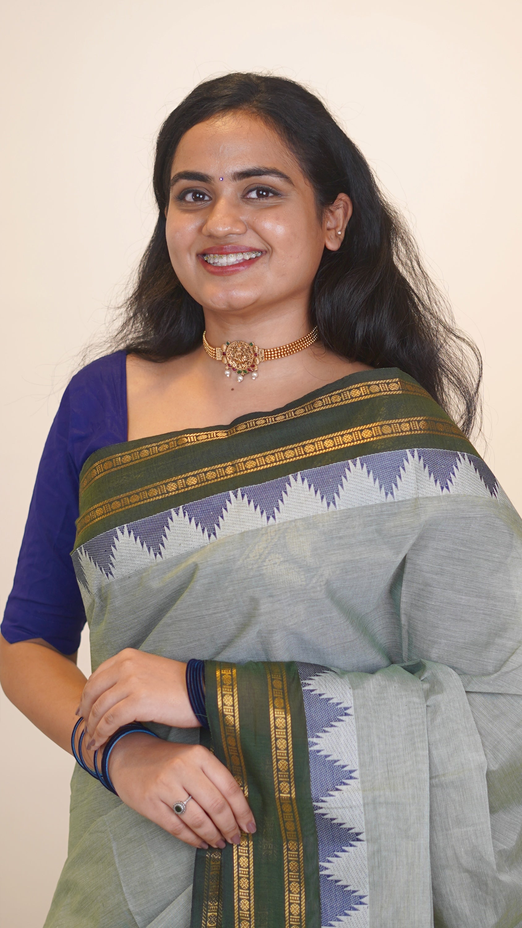 Ash Gray with Royal Blue and Green Border Chettinad Cotton Saree-#NS042