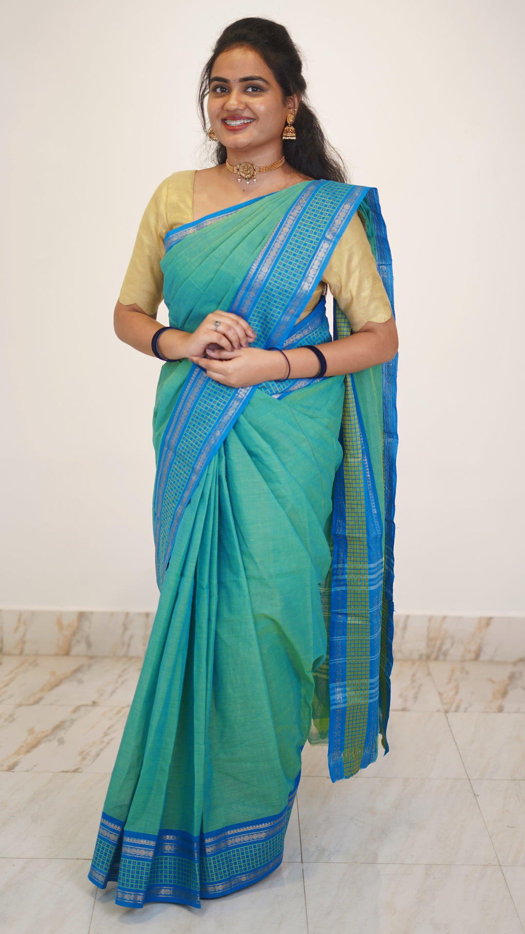 Sea Green with Blue Border Chettinad Cotton Saree-#NS032