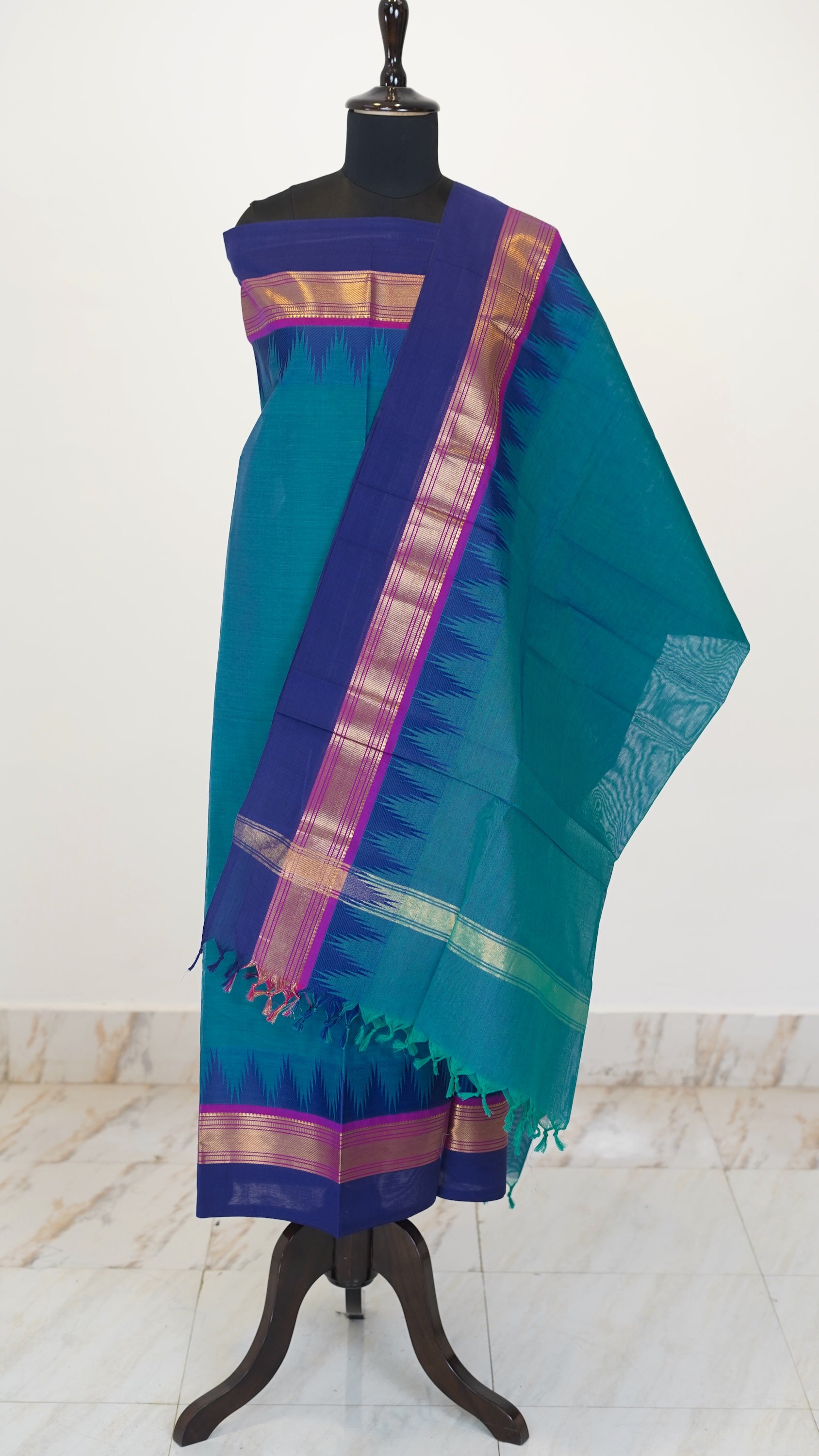 Peacock with Multi color Border Chettinad Cotton Unstitched Salwar Suit - #NC120