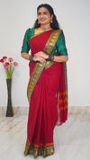 Red with Green Border Chettinad Cotton Saree-#NS026