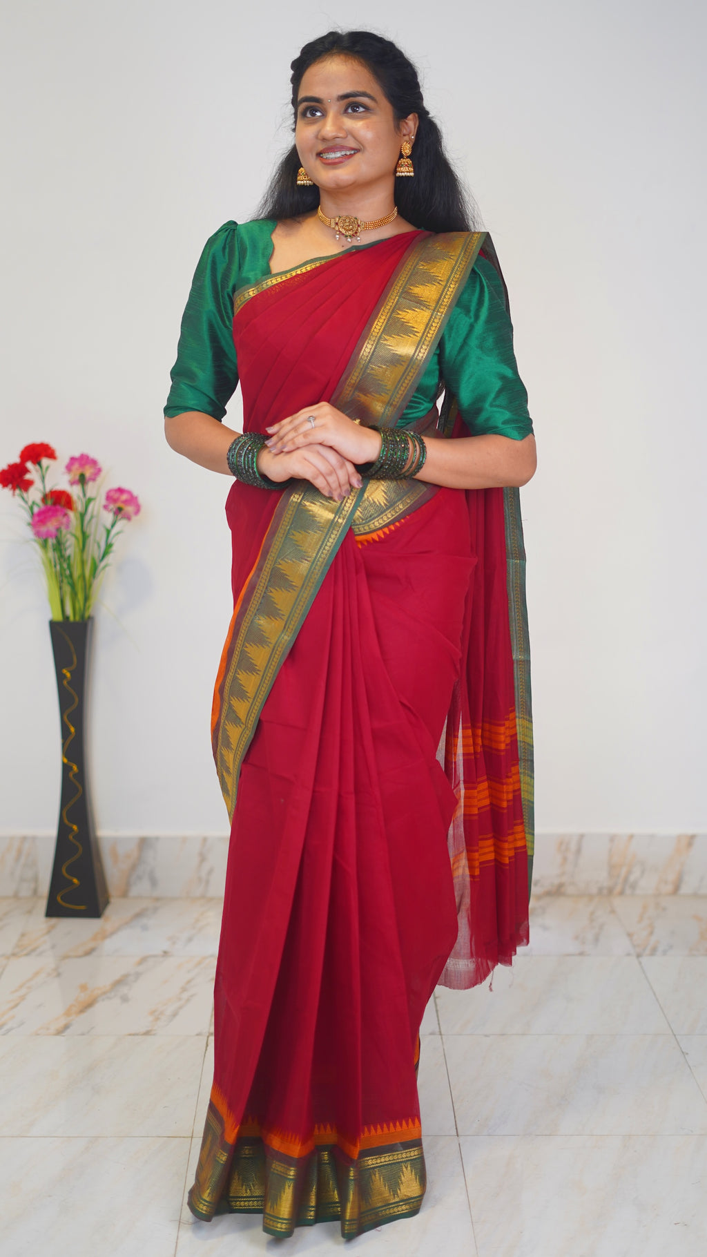 Red with Green Border Chettinad Cotton Saree-#NS026