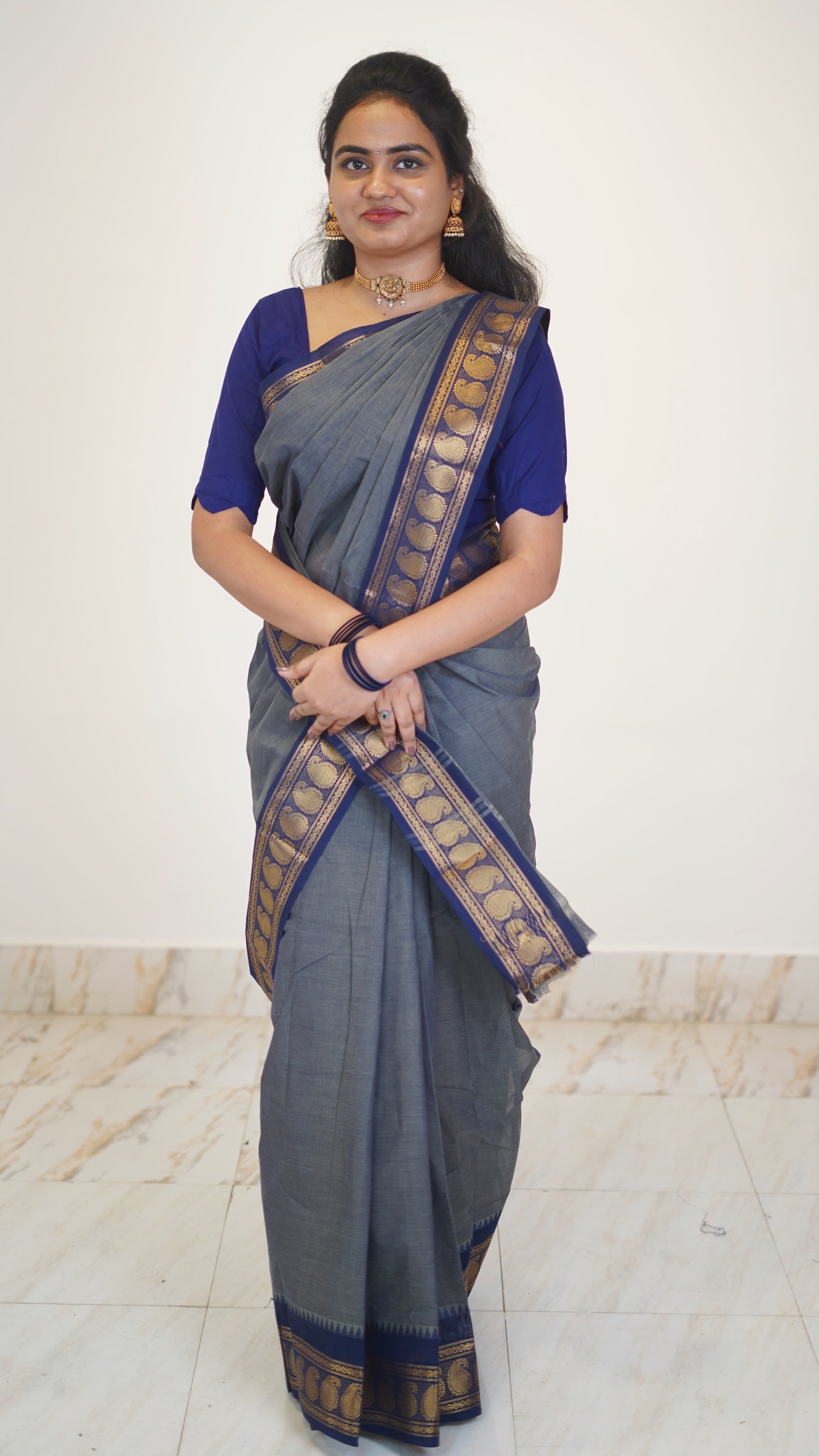 Gray with Navy Blue Border Chettinad Cotton Saree-#NS034