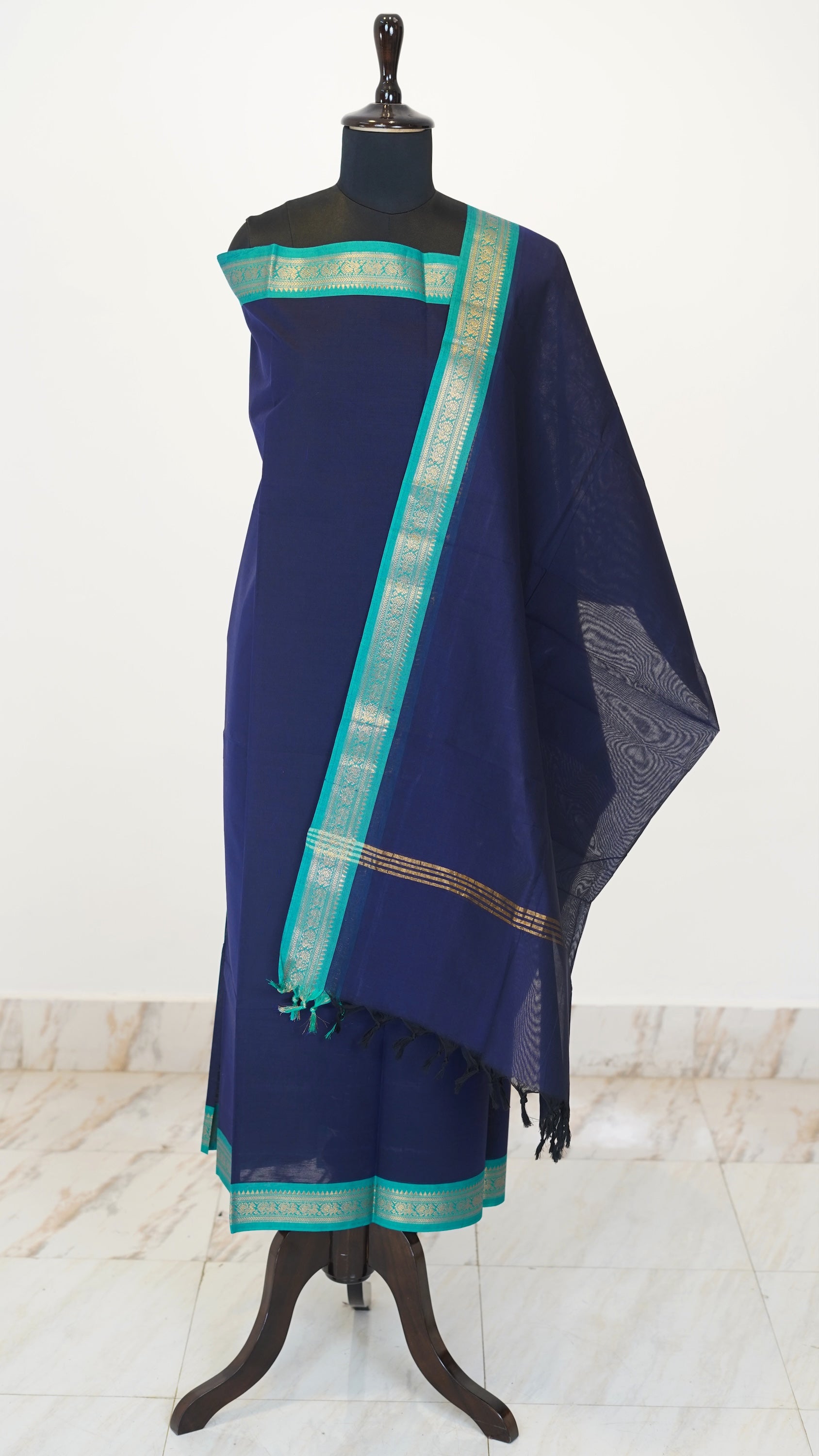 Navy Blue with Pistachio & gold Border Chettinad Cotton Unstitched Salwar Suit - #NC116
