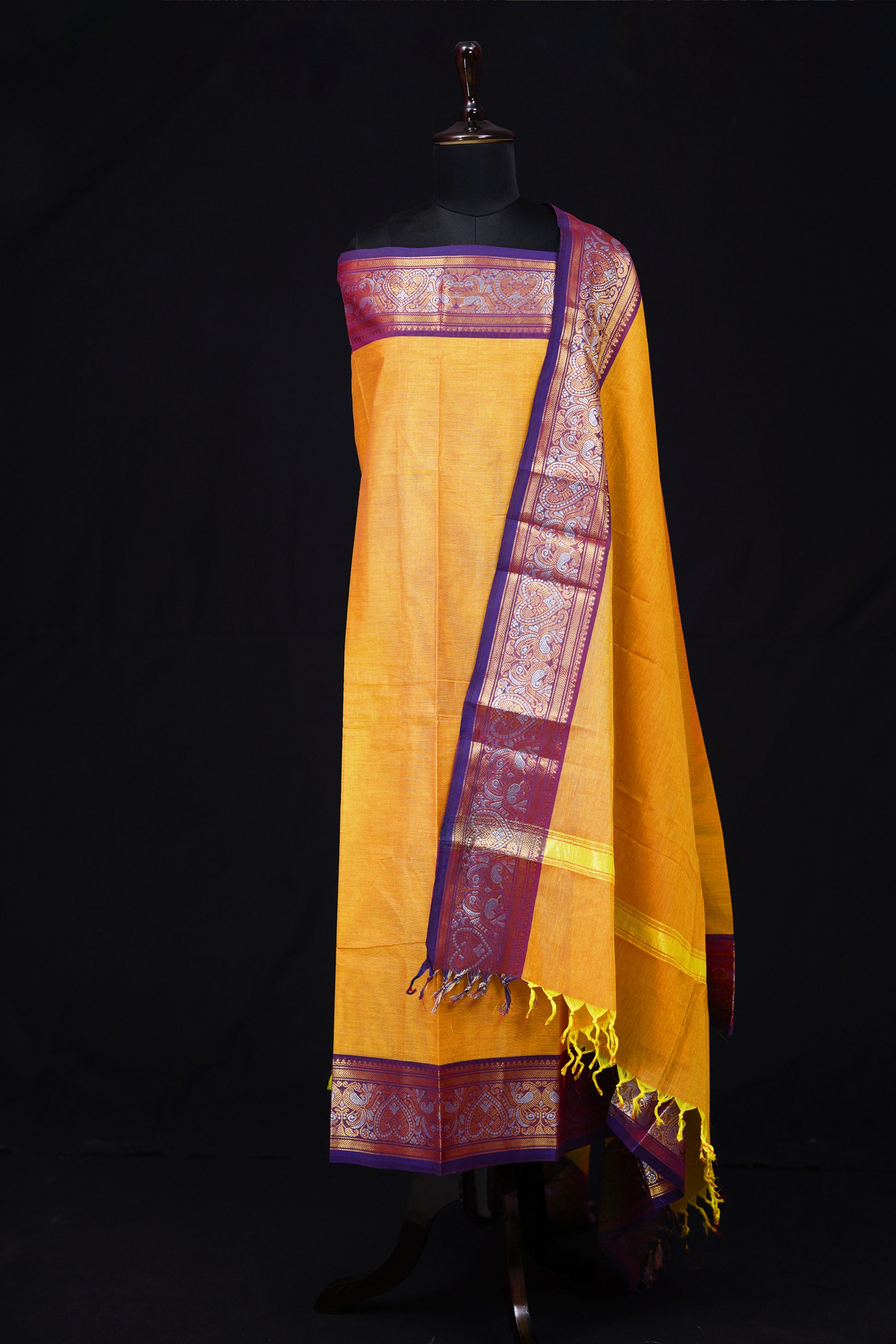 Orangish Yellow and Purple - Chettinad Cotton Unstitched Salwar Suit - #NC023