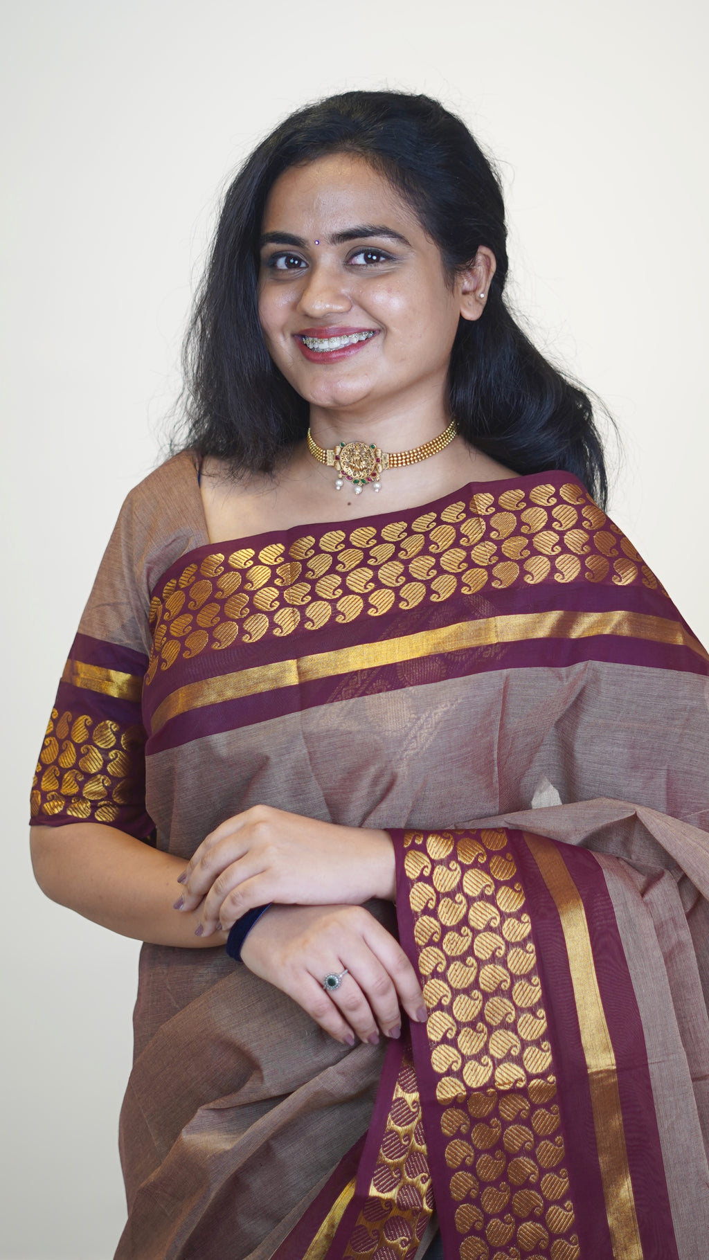 Dark Beige with Brown Border Chettinad Cotton Saree-#NS038