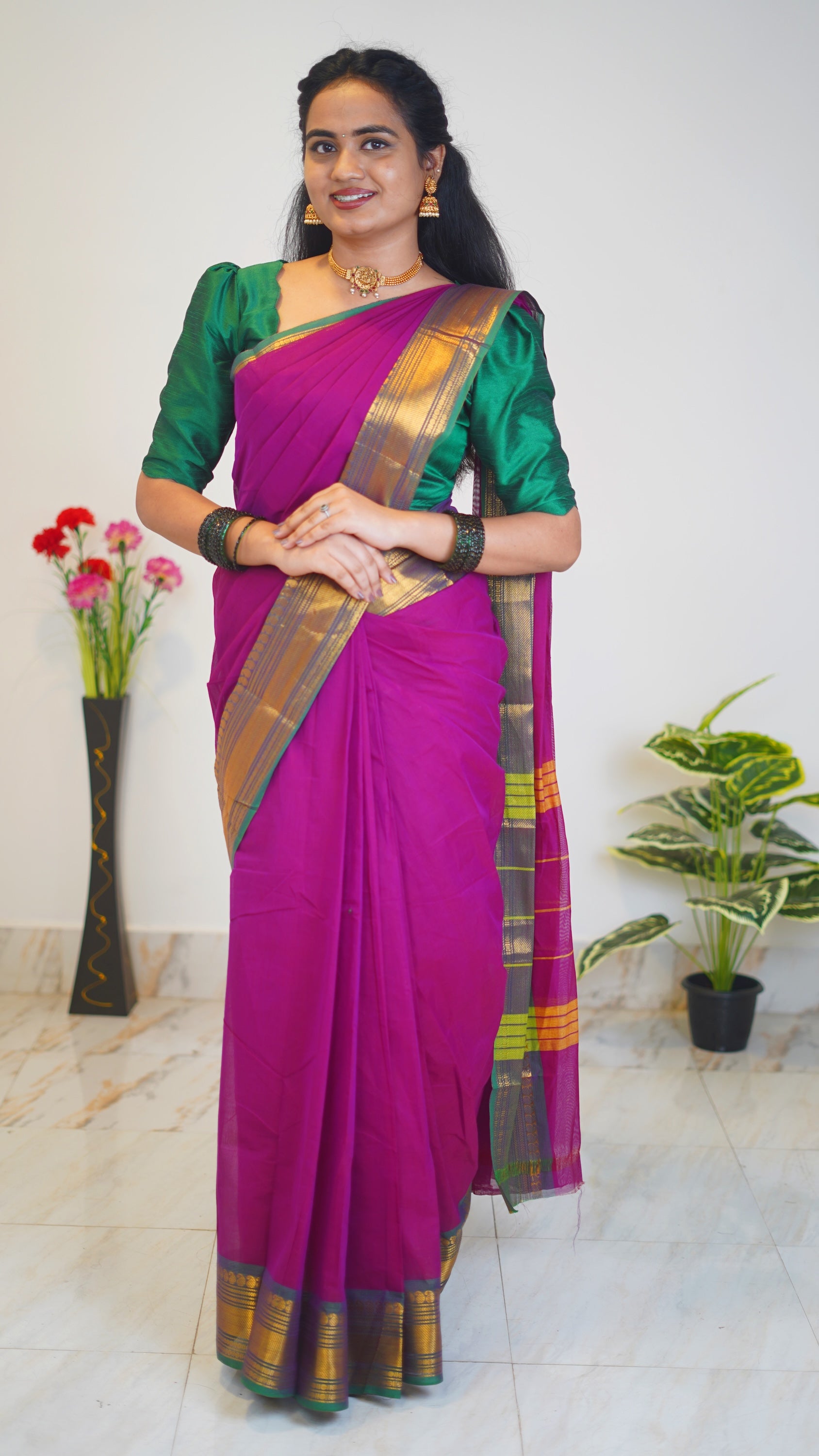 Dark onion Pink with Green Border Chettinad Cotton Saree-#NS025