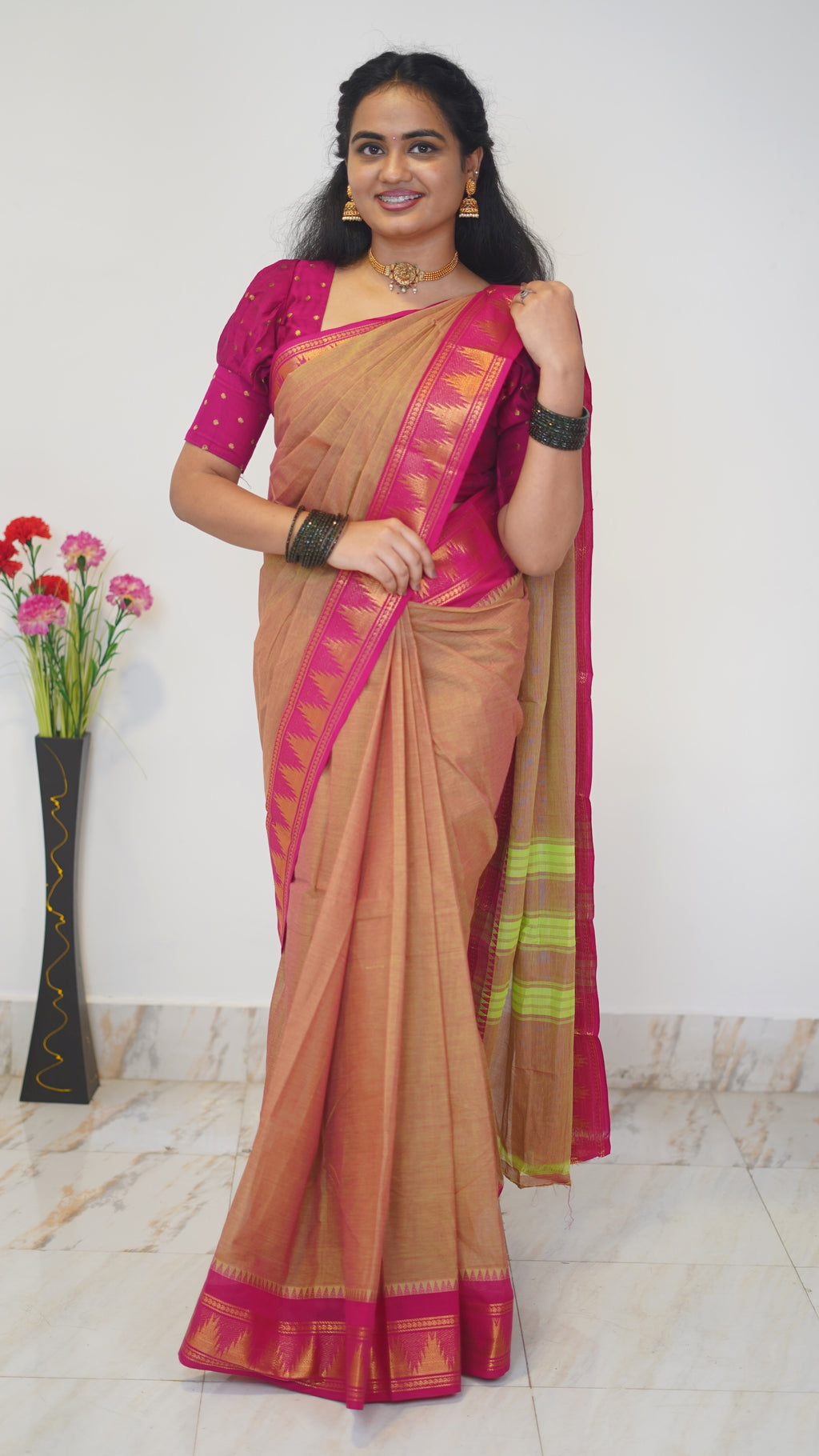 Reddish Green with Pink Border Chettinad Cotton Saree-#NS027