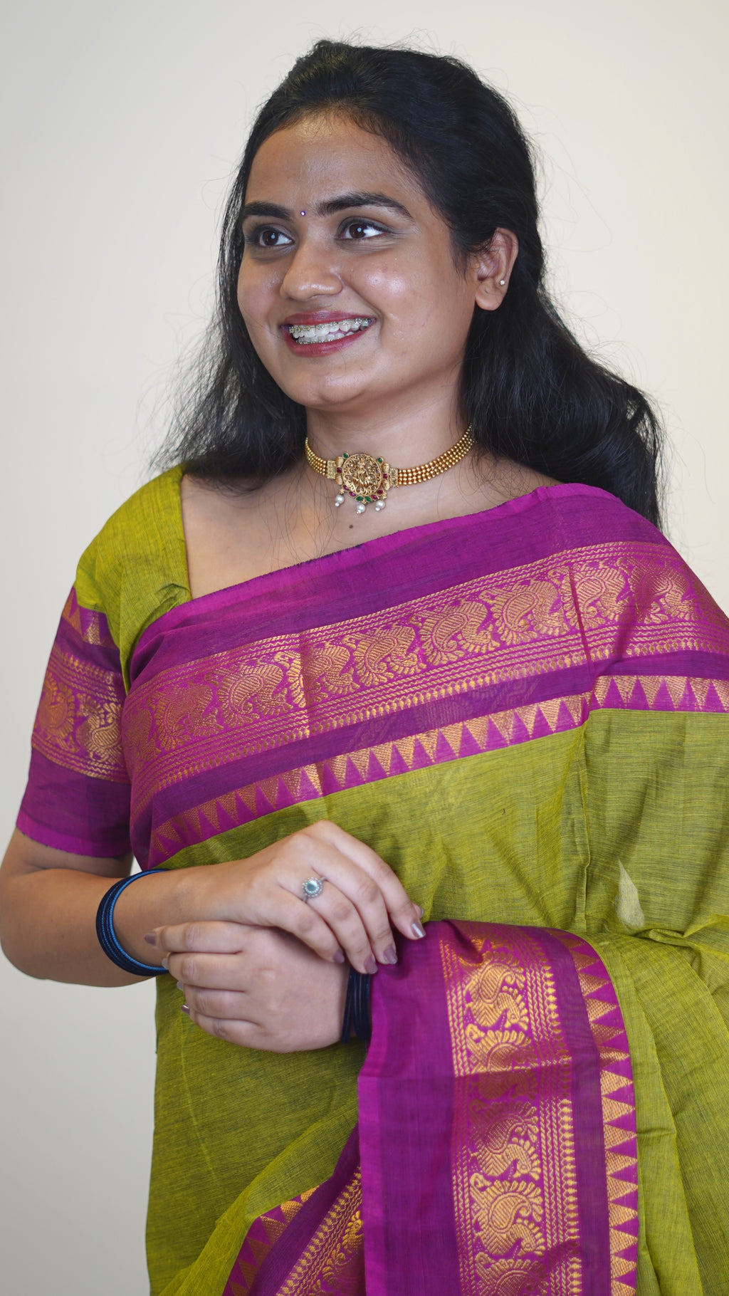 Ilai Green with PinkBorder Chettinad Cotton Saree-#NS040