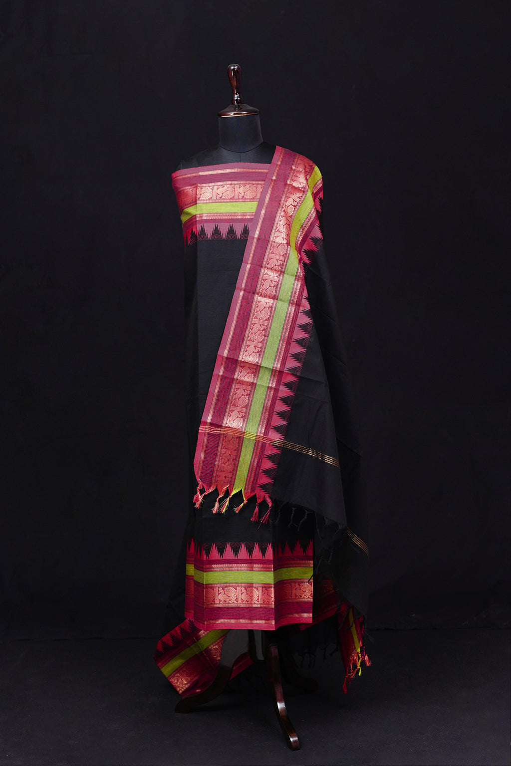 Black and Pink - Chettinad Cotton Unstitched Salwar Suit - #NC031