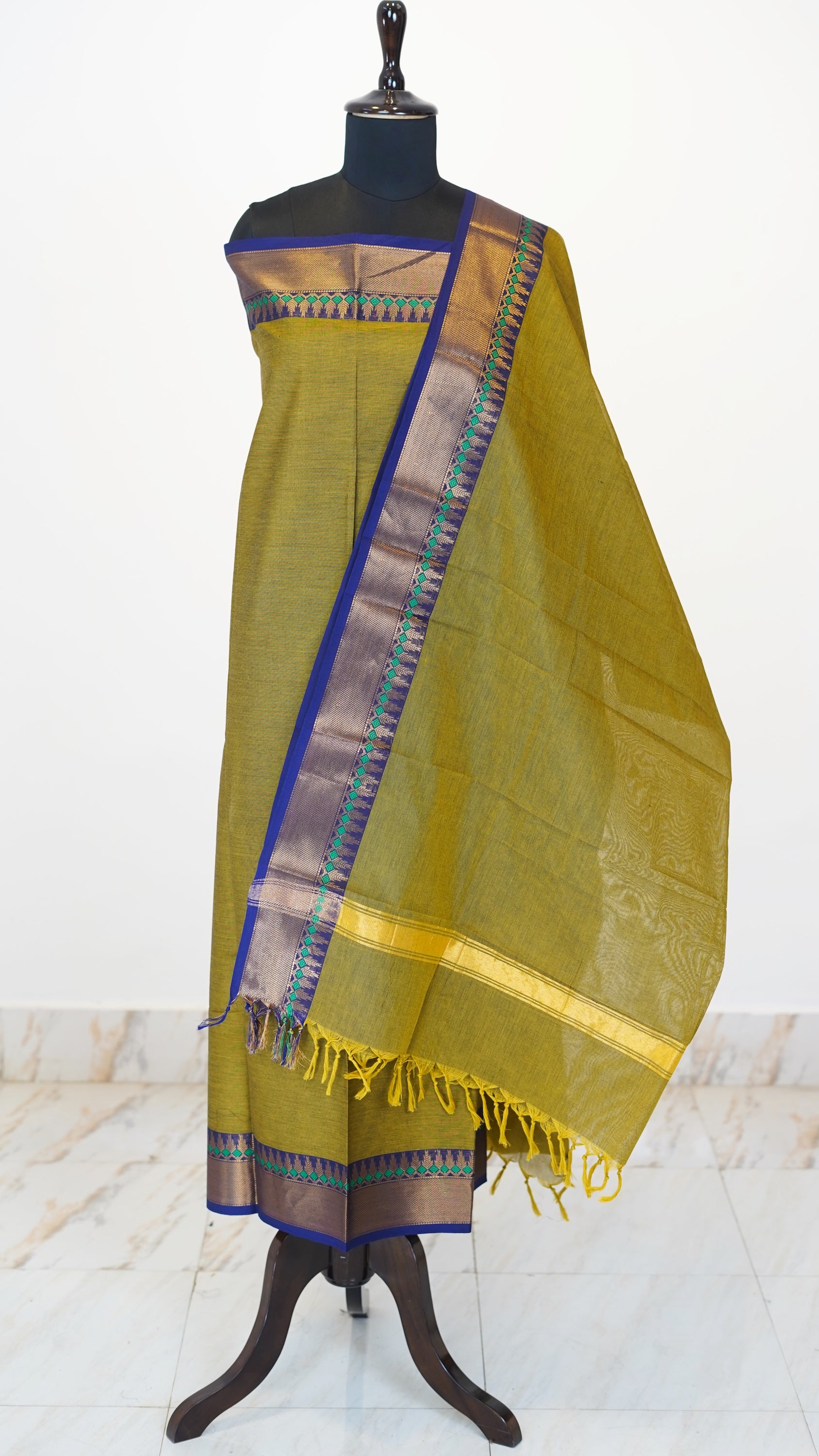 Lime Green with Blue Border Chettinad Cotton Unstitched Salwar Suit - #NC114