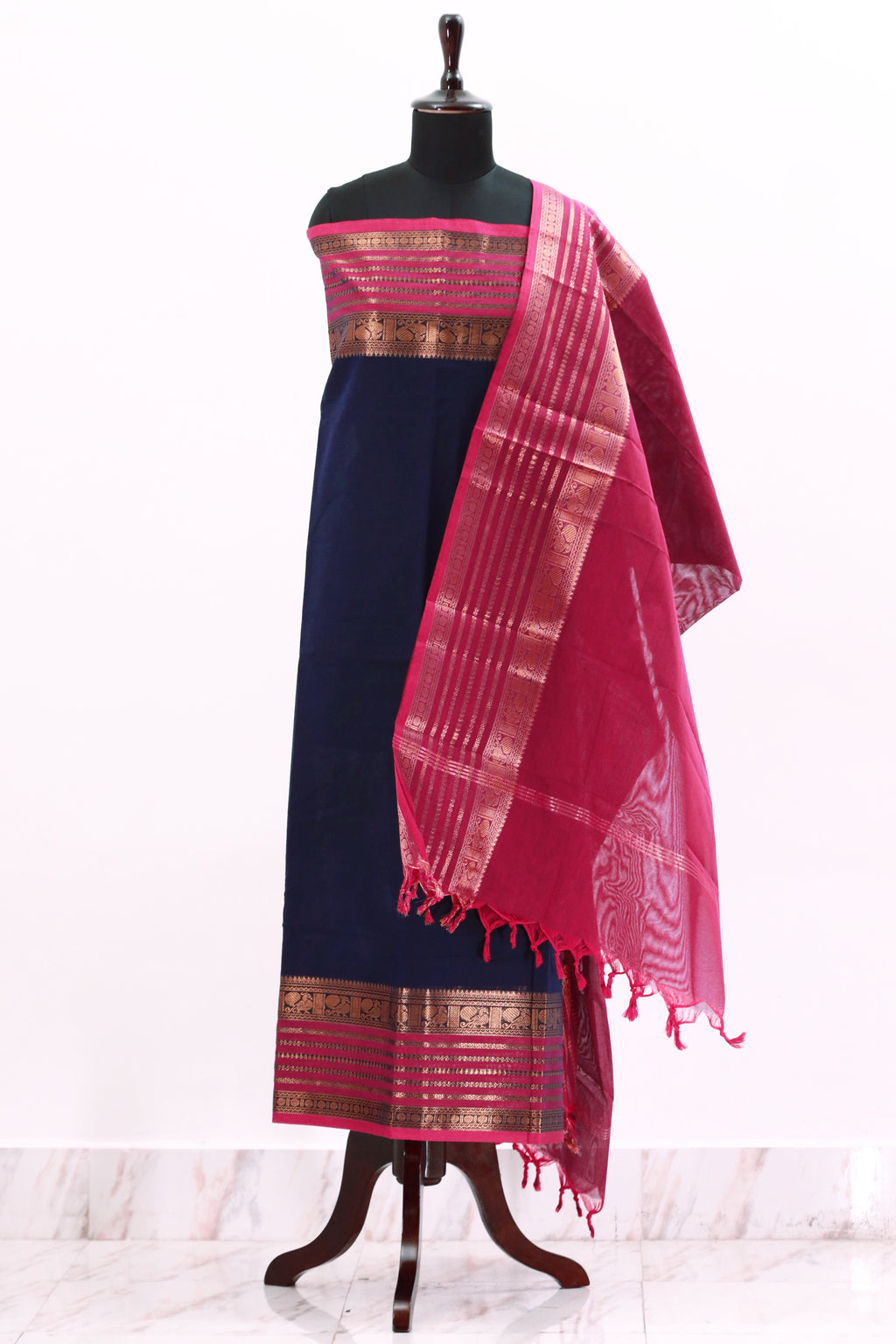 Navy Blue with Pink  Chettinad Cotton Unstitched Salwar Suit - #NC135
