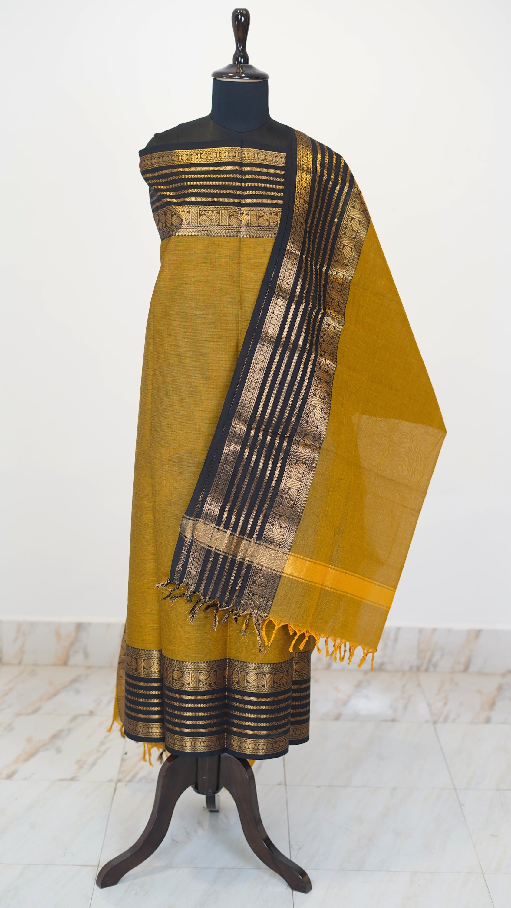 FenuGreek with Black and Golden Border Chettinad Cotton Unstitched Salwar Suit - #NC115