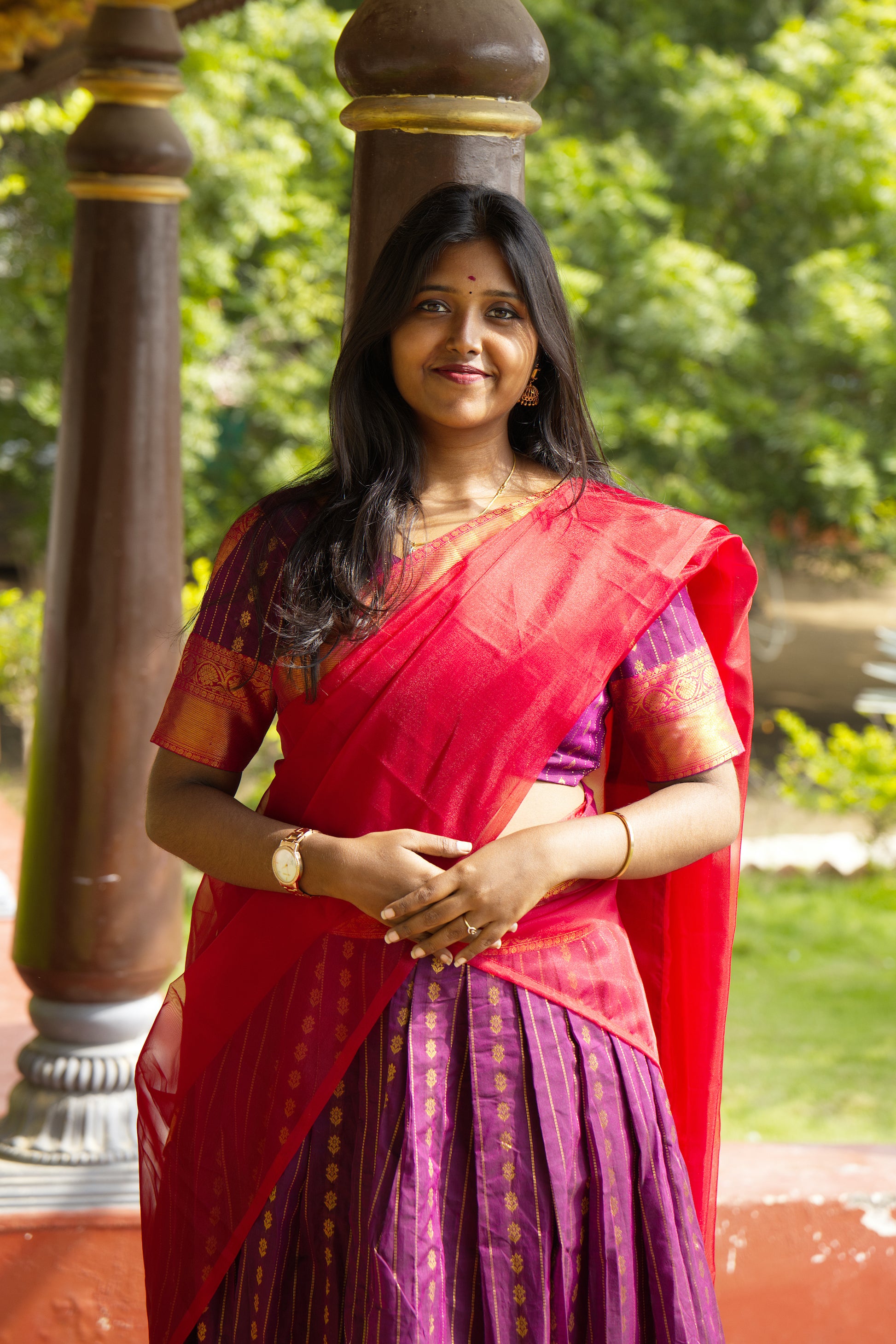 Deep Purple & Cherry Red - Chettinad Cotton Half Saree - NH002