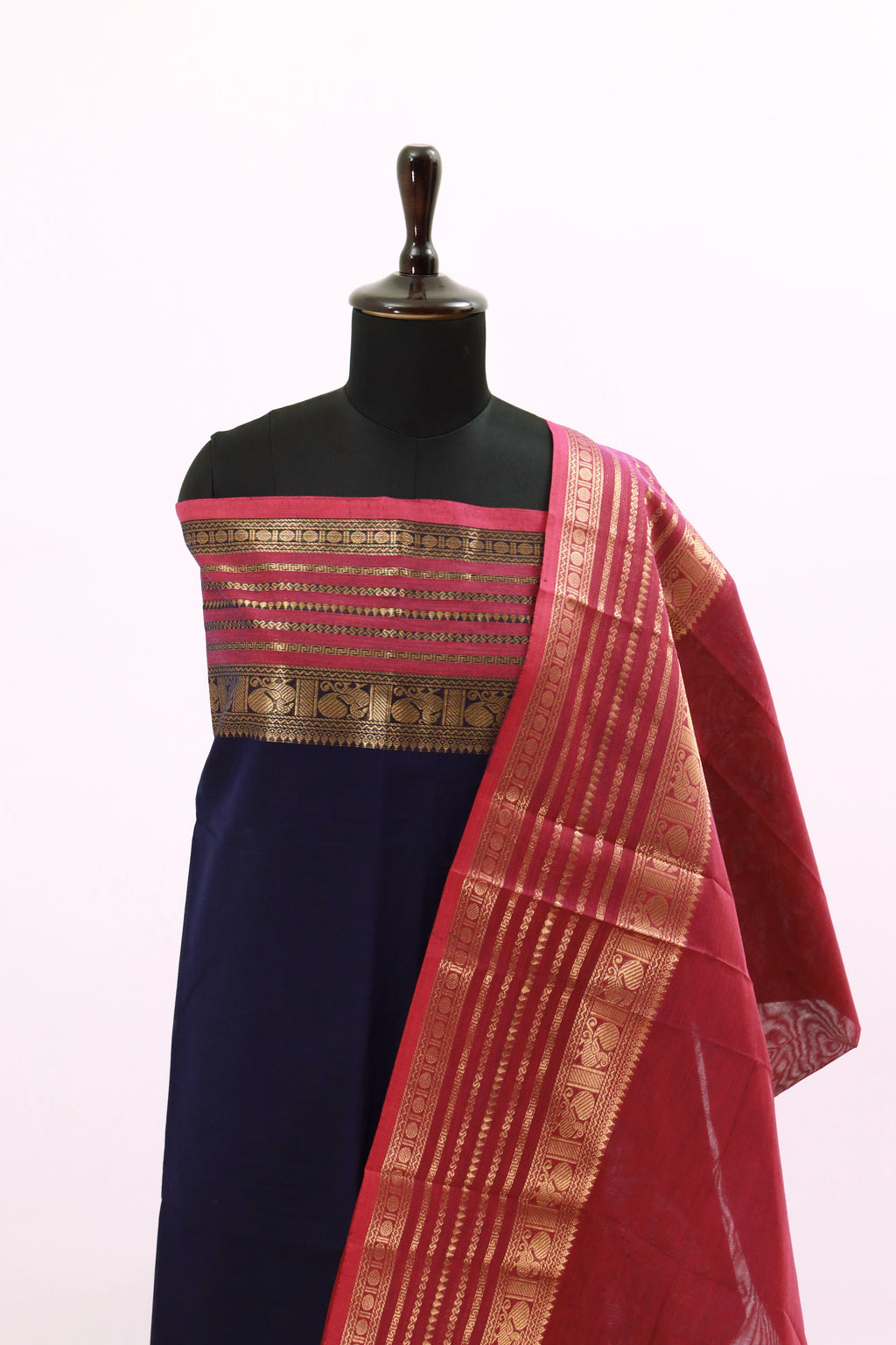 Navy Blue with Pink  Chettinad Cotton Unstitched Salwar Suit - #NC135