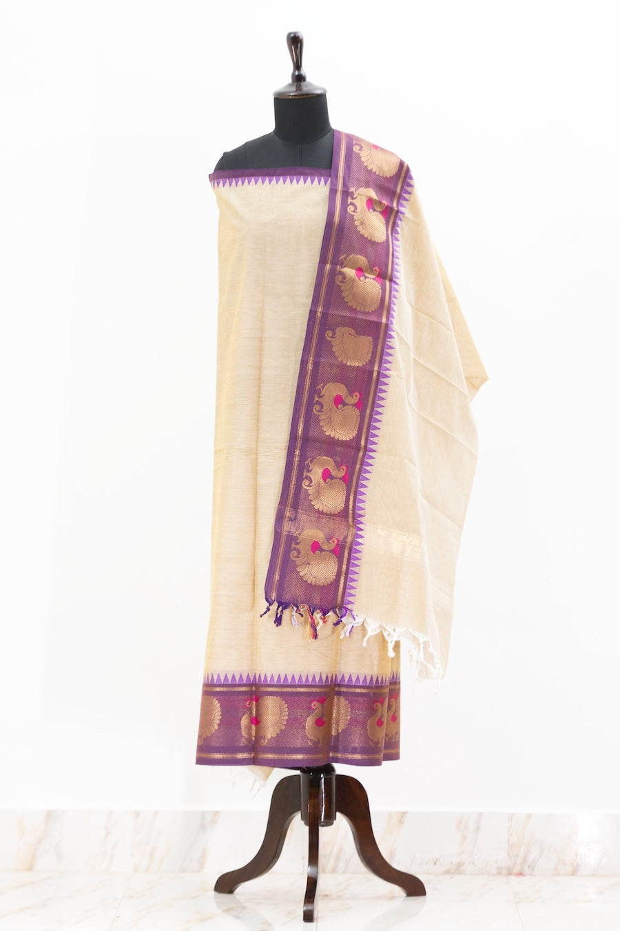 Beige with Purple border Chettinad Cotton Unstitched Salwar Suit - #NC041