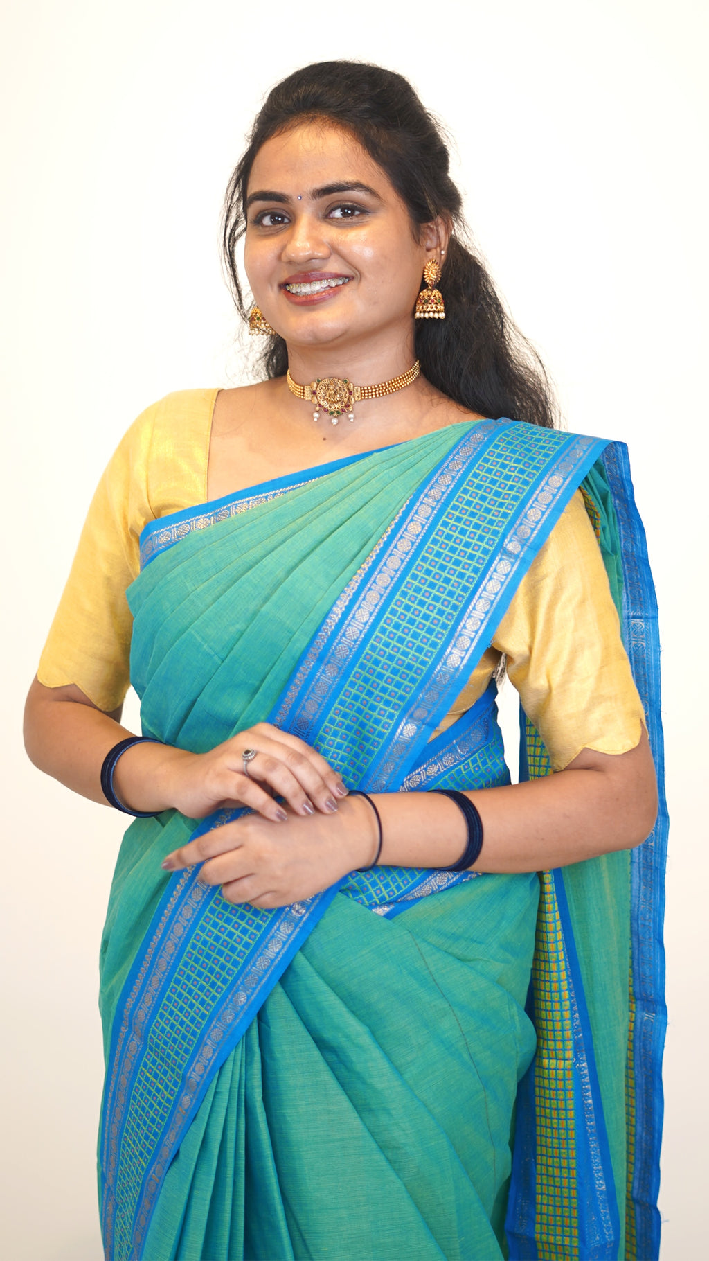 Sea Green with Blue Border Chettinad Cotton Saree-#NS032