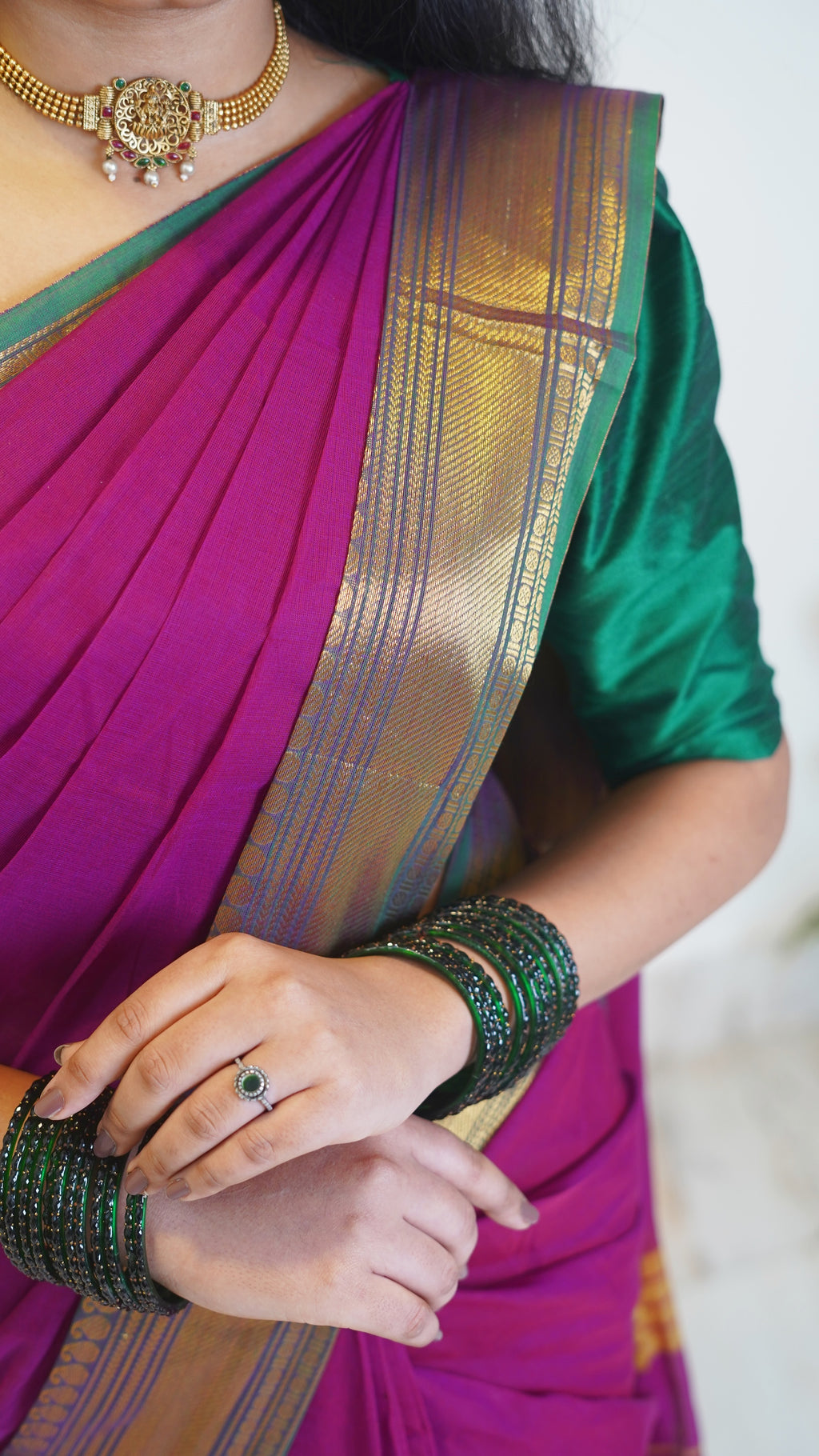 Dark onion Pink with Green Border Chettinad Cotton Saree-#NS025