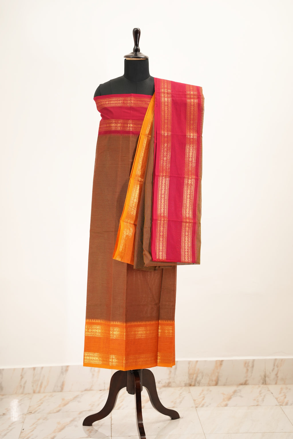 Beige with Multi color Border Chettinad Cotton Unstitched Salwar Suit - #NC145