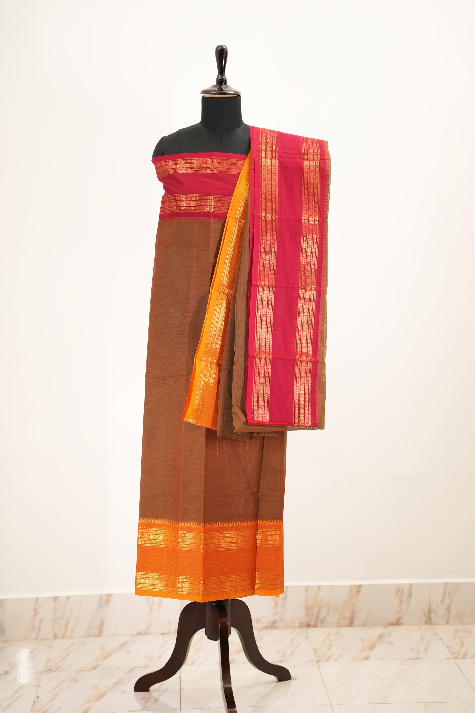 Beige with Multi color Border Chettinad Cotton Unstitched Salwar Suit - #NC145