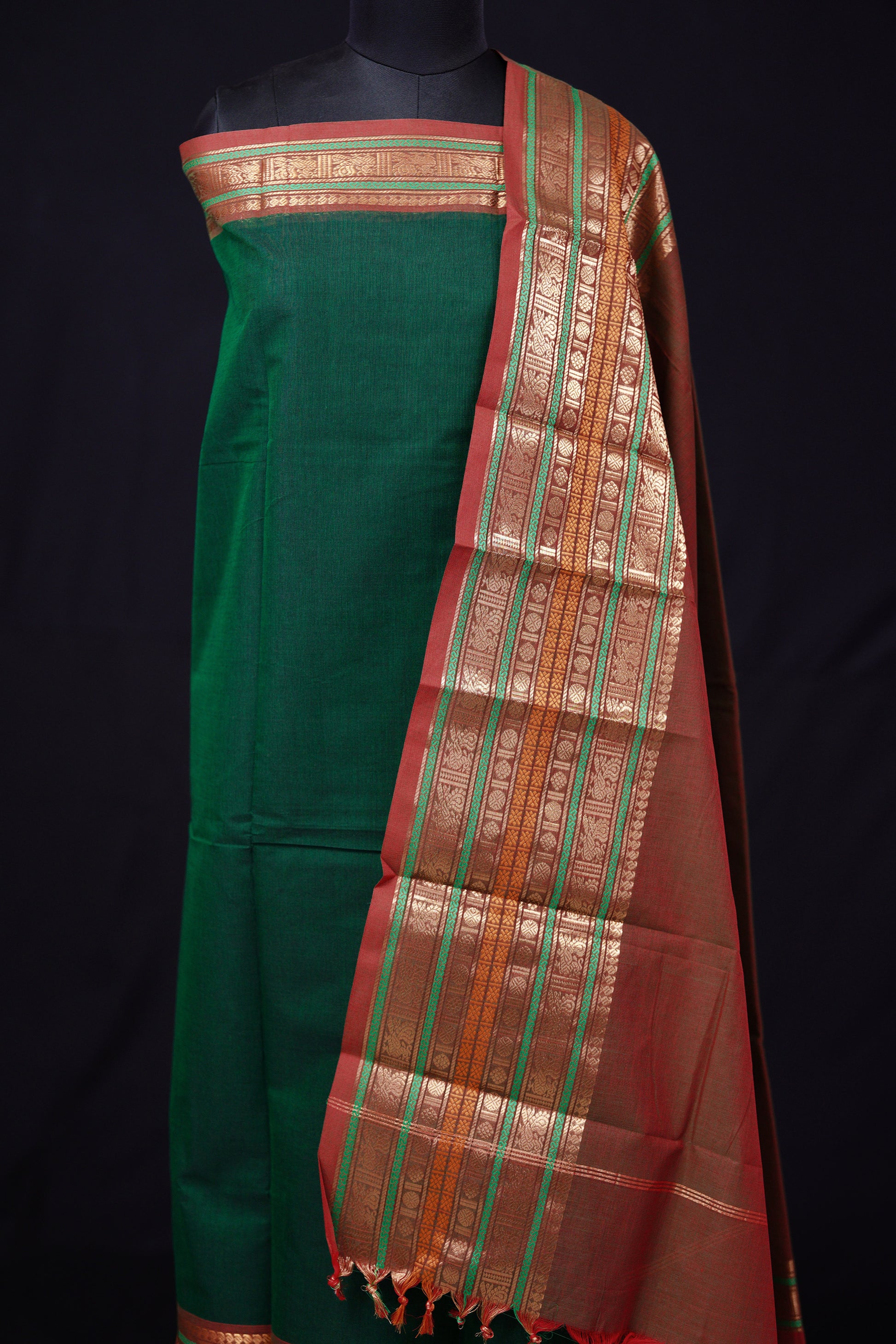Green and Brown - Chettinad Cotton Unstitched Salwar Suit - #NC026