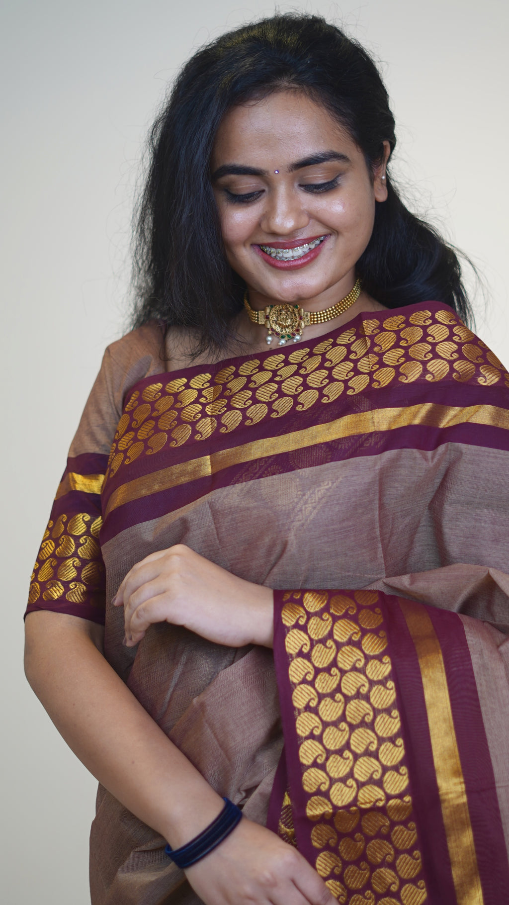 Dark Beige with Brown Border Chettinad Cotton Saree-#NS038
