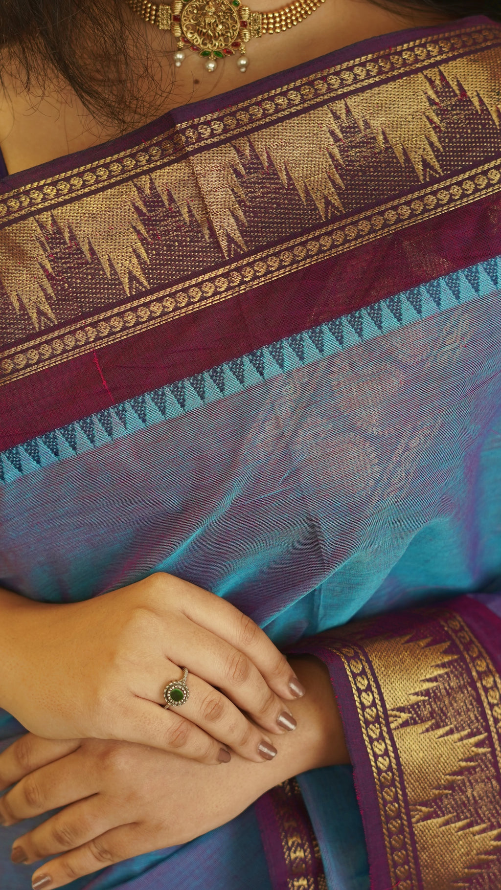 Peacock Blue with Dark Brown Border Chettinad Cotton Saree-#NS036