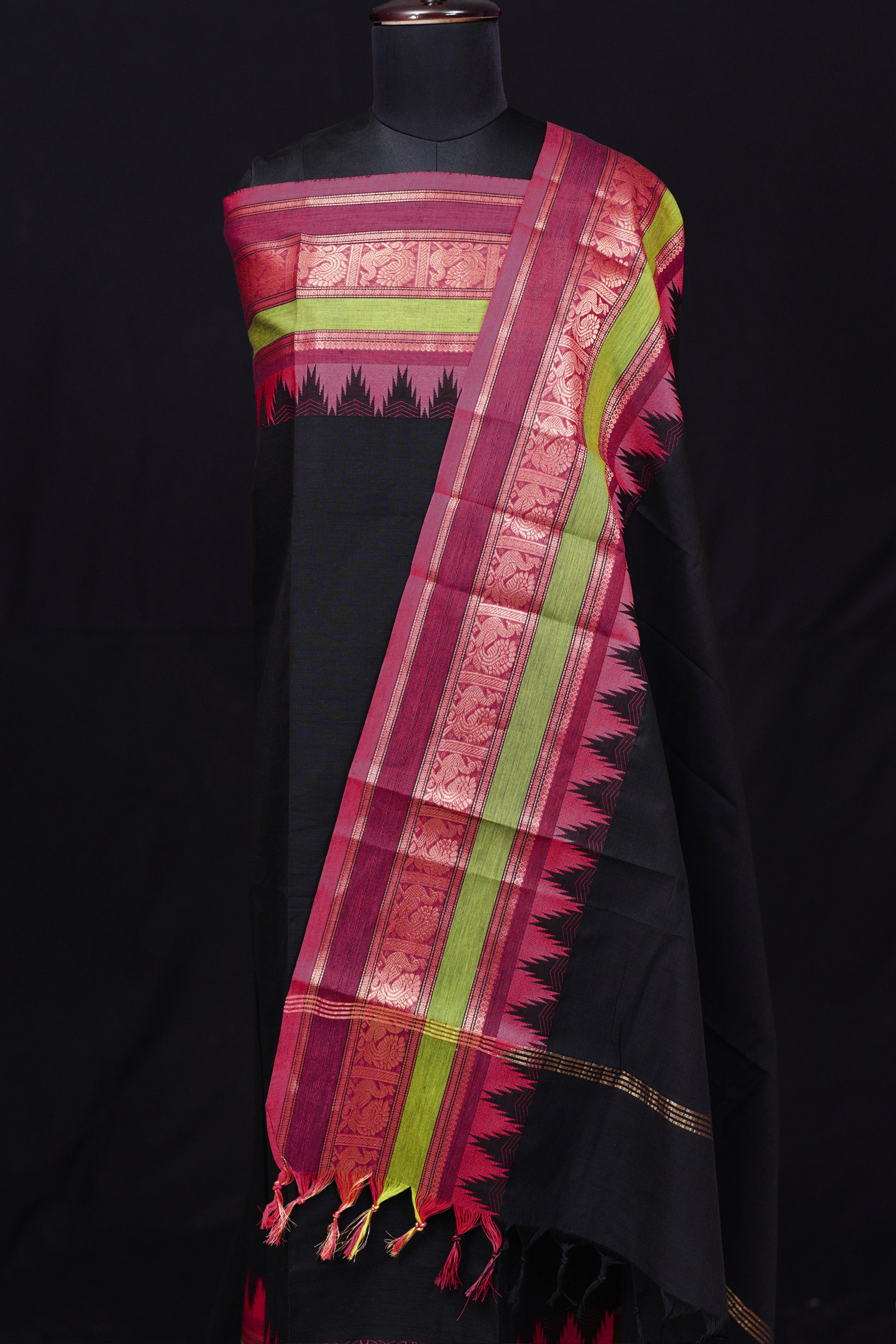 Black and Pink - Chettinad Cotton Unstitched Salwar Suit - #NC031