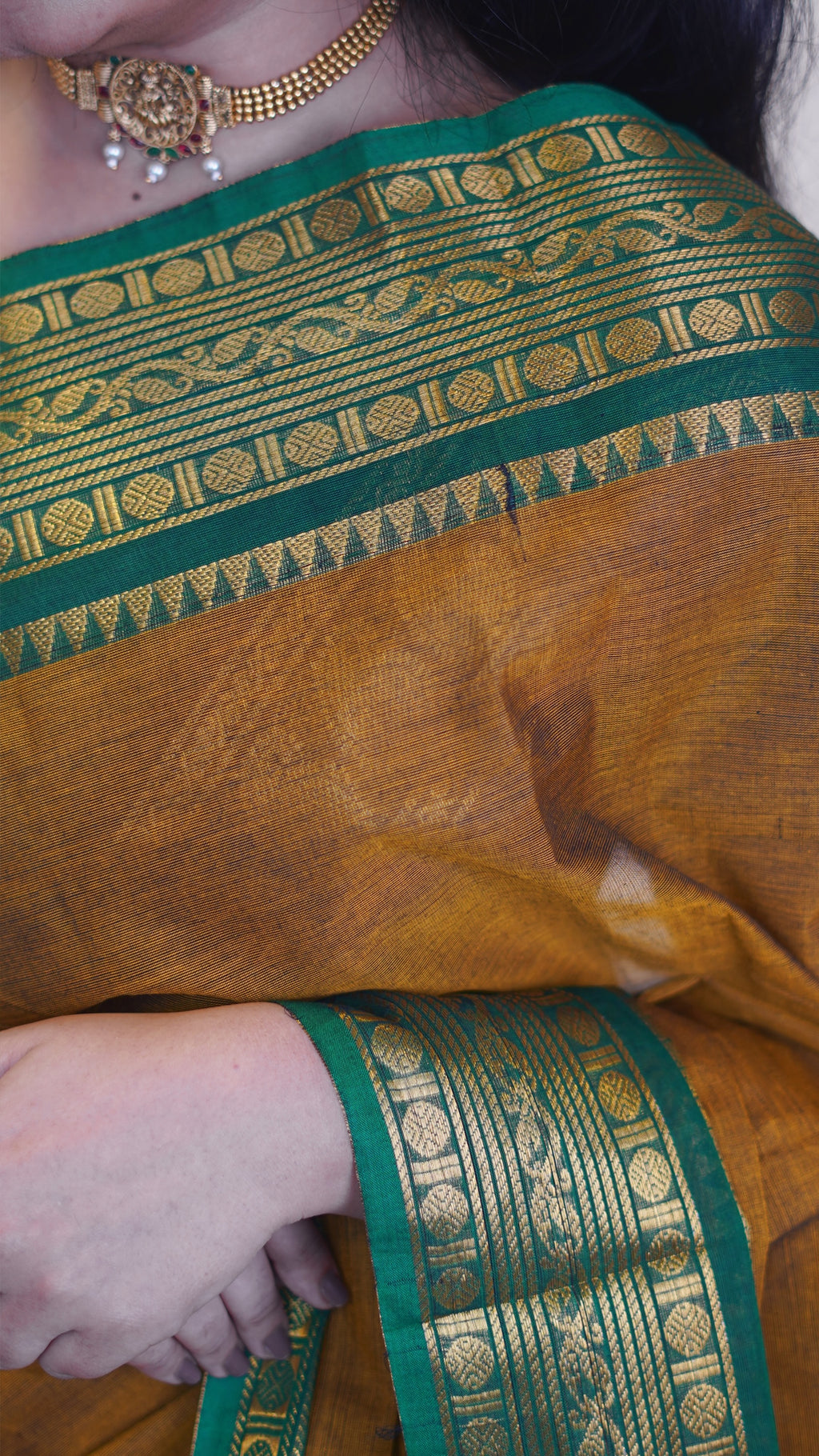 Mustard with Green Border Chettinad Cotton Saree-#NS039