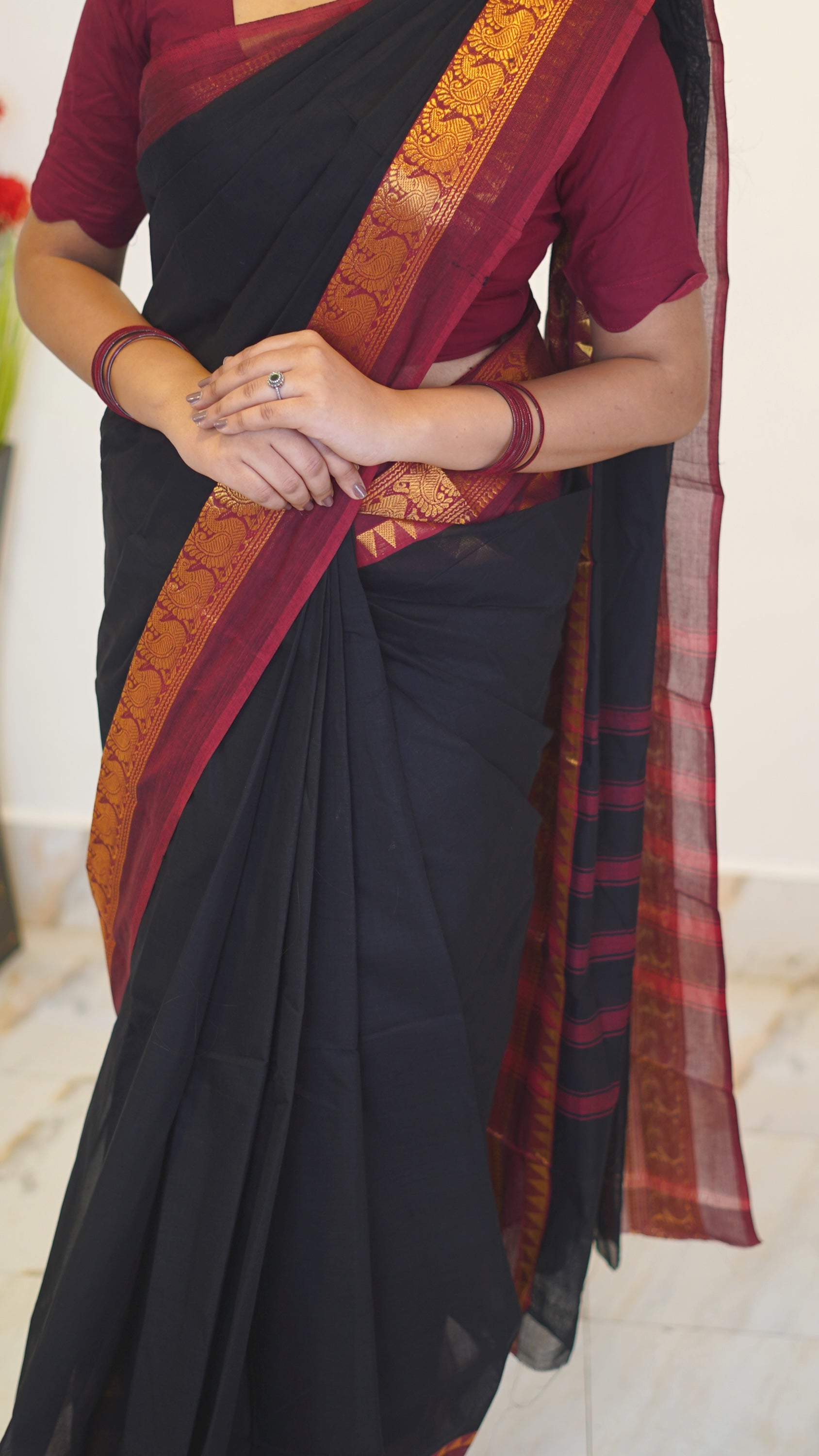 Black with Red Border Chettinad Cotton Saree-#NS030